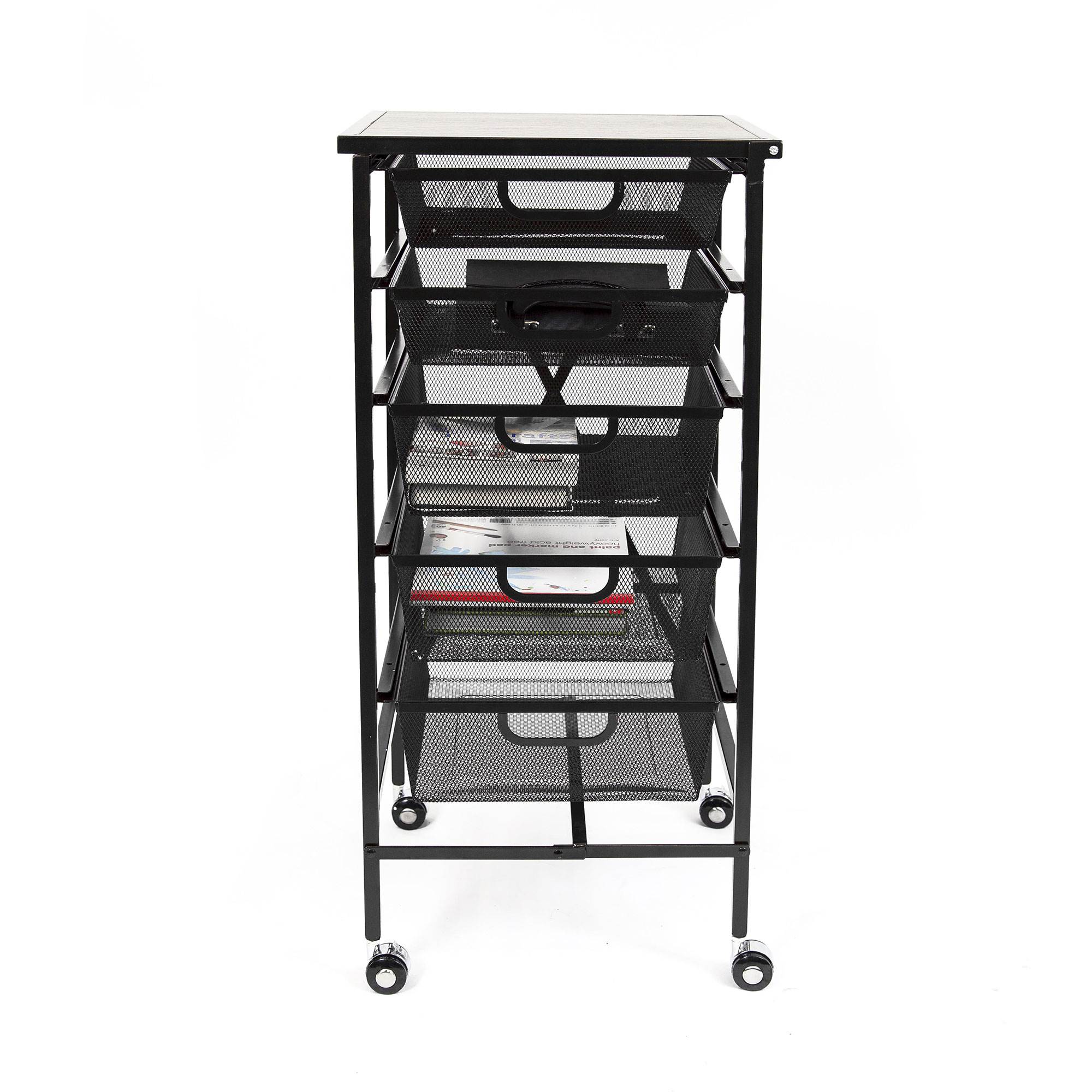 Origami Wheeled Folding Steel 5 Drawer Mesh Storage Kitchen Cart Wood