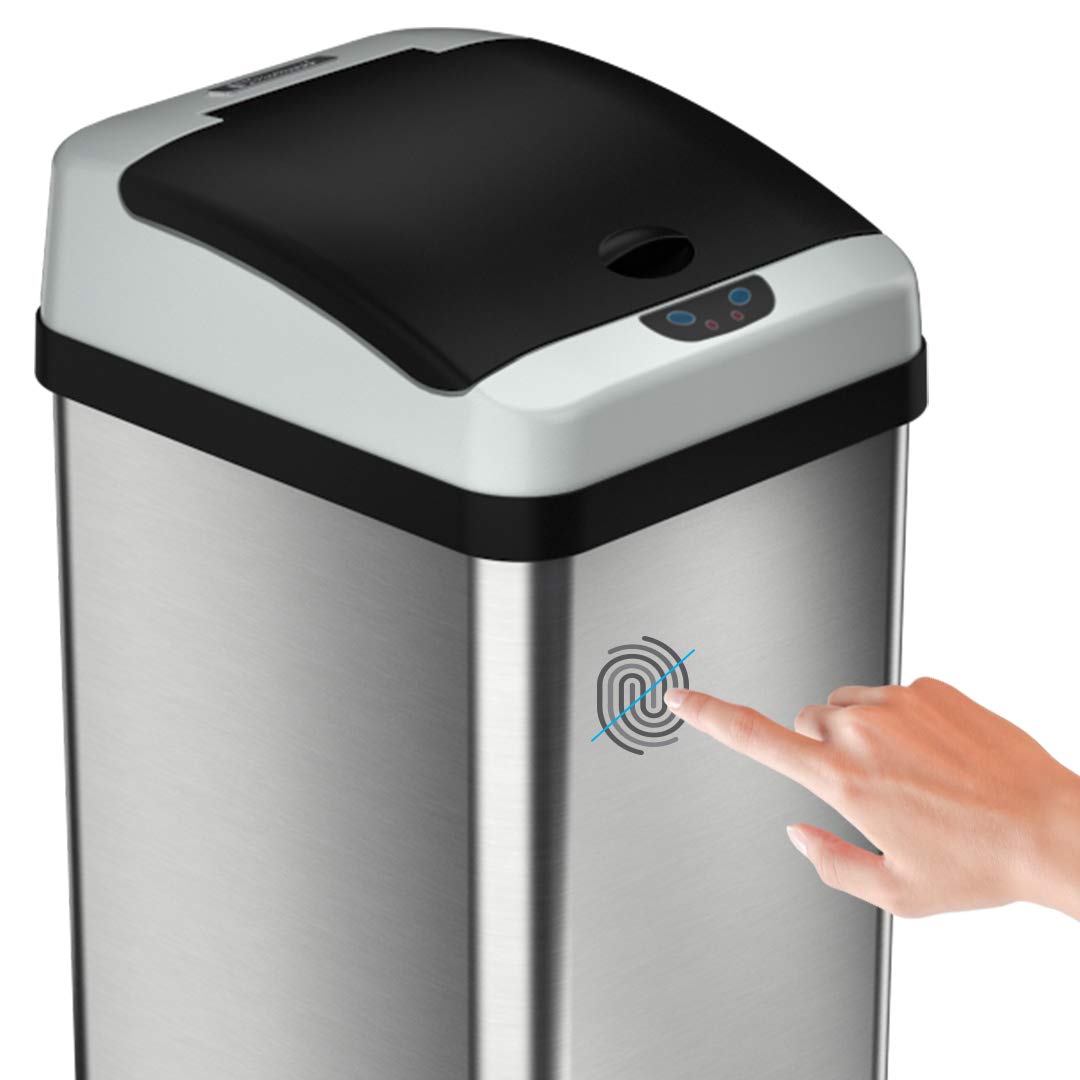 iTouchless 13 Gallon Touchless Garbage Trash Can, Stainless Steel (Open