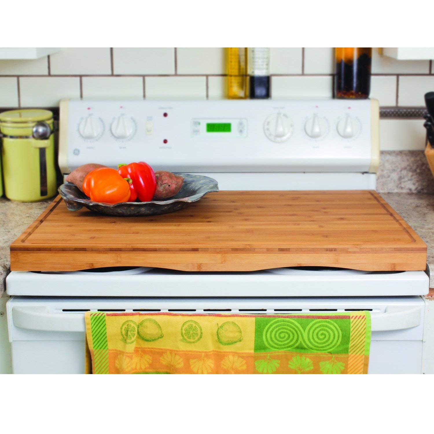 Camco 43548 4 Burner Grooved Bamboo Stove Top Work Surface with