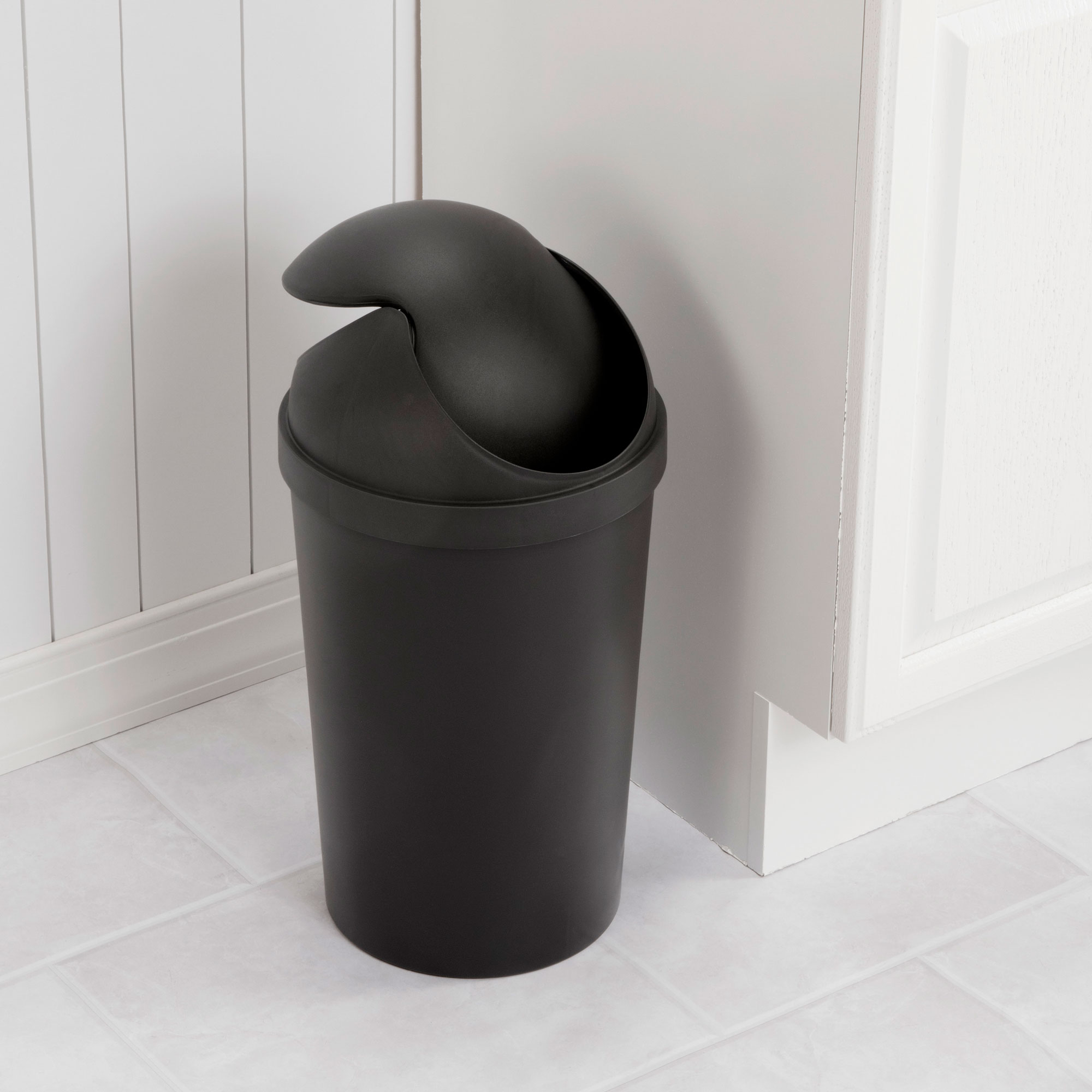 Sterilite 10839006 3 Gallon Round Swing Top Plastic Wastebasket, Black