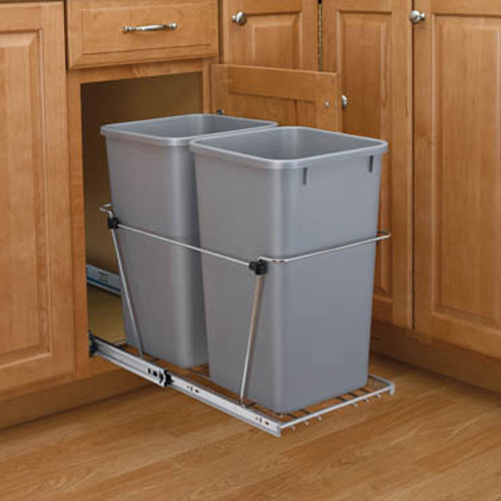 Rev A Shelf 27 Quart Pull Out Sliding Double Waste Trash Bin, Gray