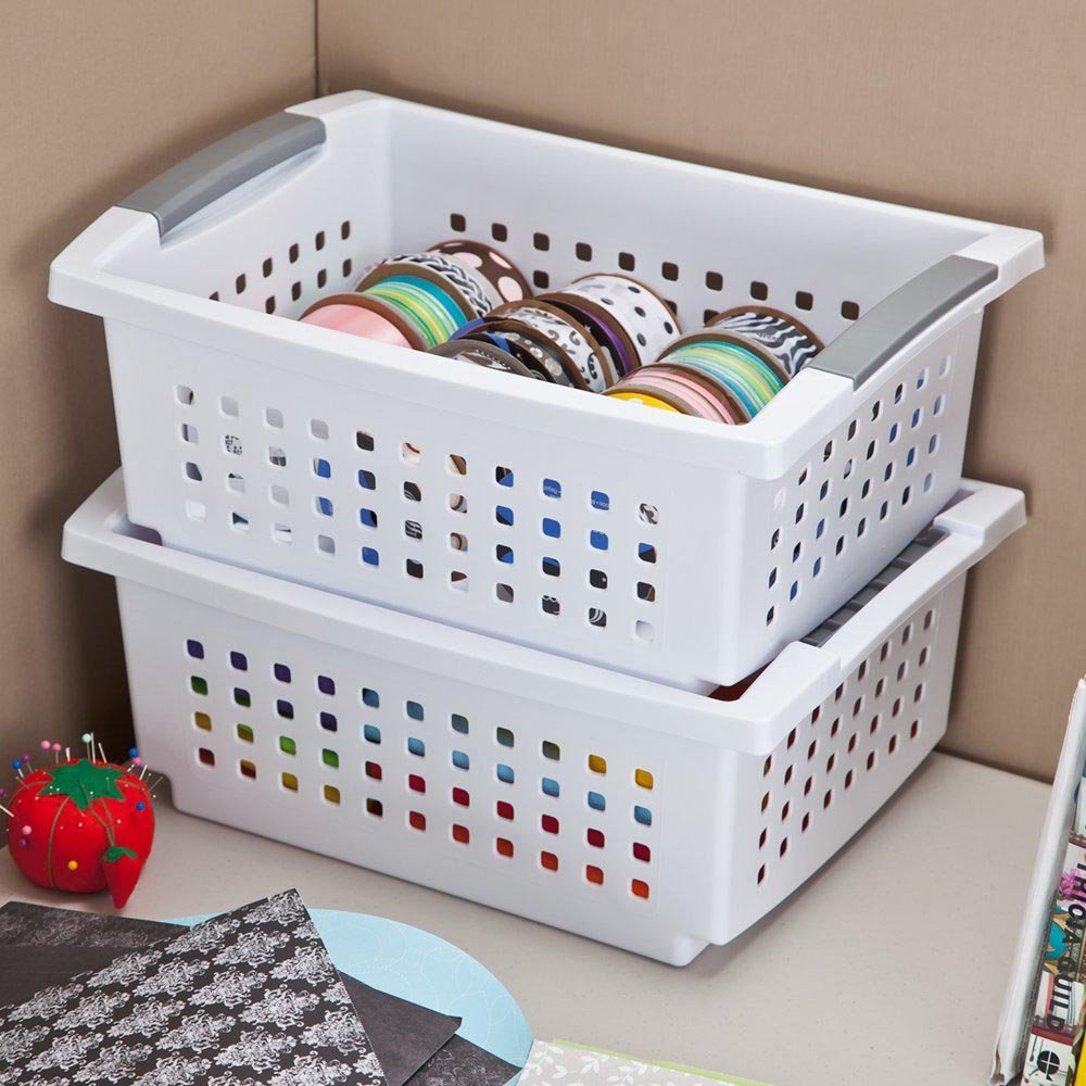 Sterilite Large Plastic Stackable Storage & Organization Basket, White
