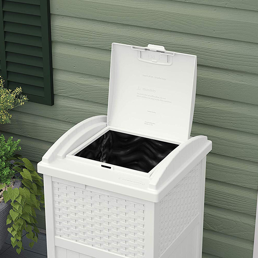 Suncast Wicker Resin Hideaway Trash Can Bin with Latching Lid, White