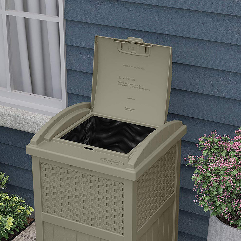 Suncast Wicker Resin Hideaway Trash Can with Latching Lid, Dark Taupe