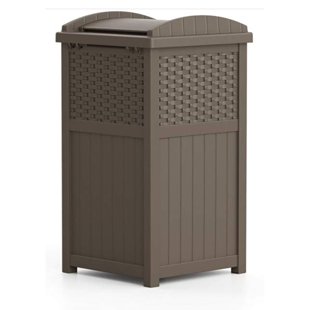 Suncast Wicker Resin Hideaway Trash Can with Latching Lid, Dark Taupe