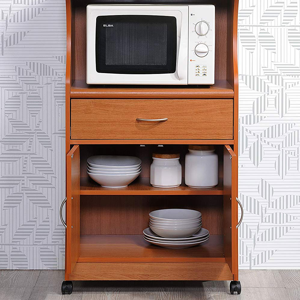 Hodedah Wheeled Kitchen Microwave Cart with Drawer and Cabinet Storage