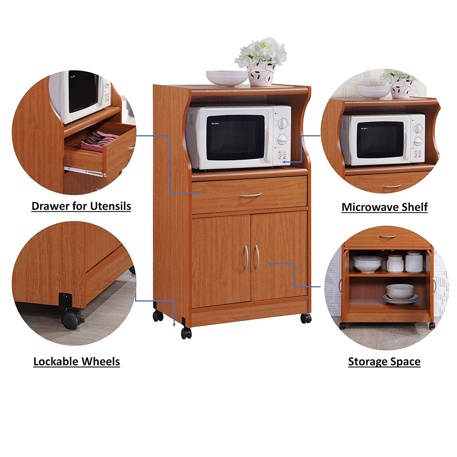Hodedah Wheeled Kitchen Microwave Cart with Drawer and Storage