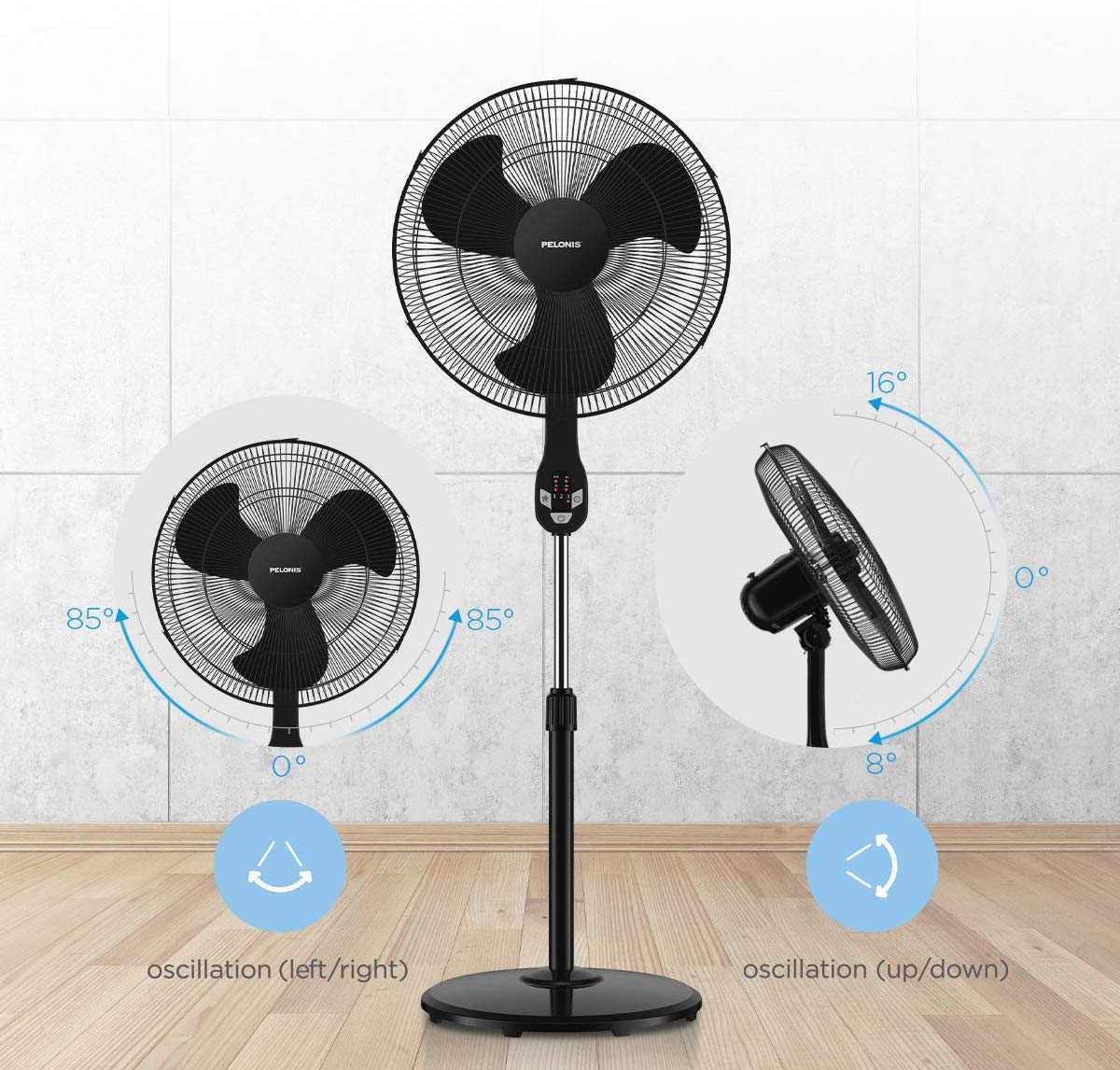 PELONIS 18" 3Speed Oscillating Pedestal Fan with LED Display, Black