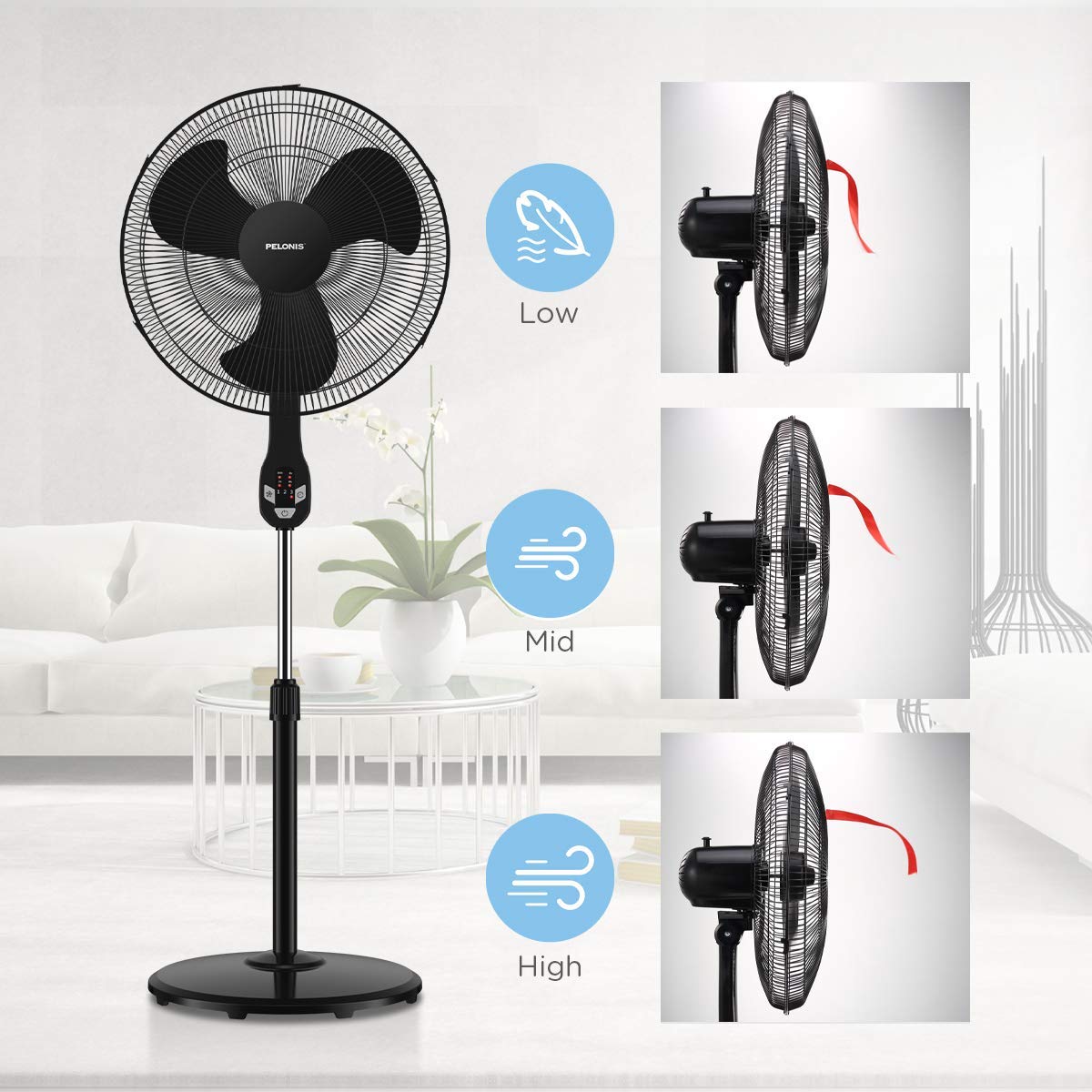 PELONIS 18" 3Speed Oscillating Pedestal Fan with LED Display, Black