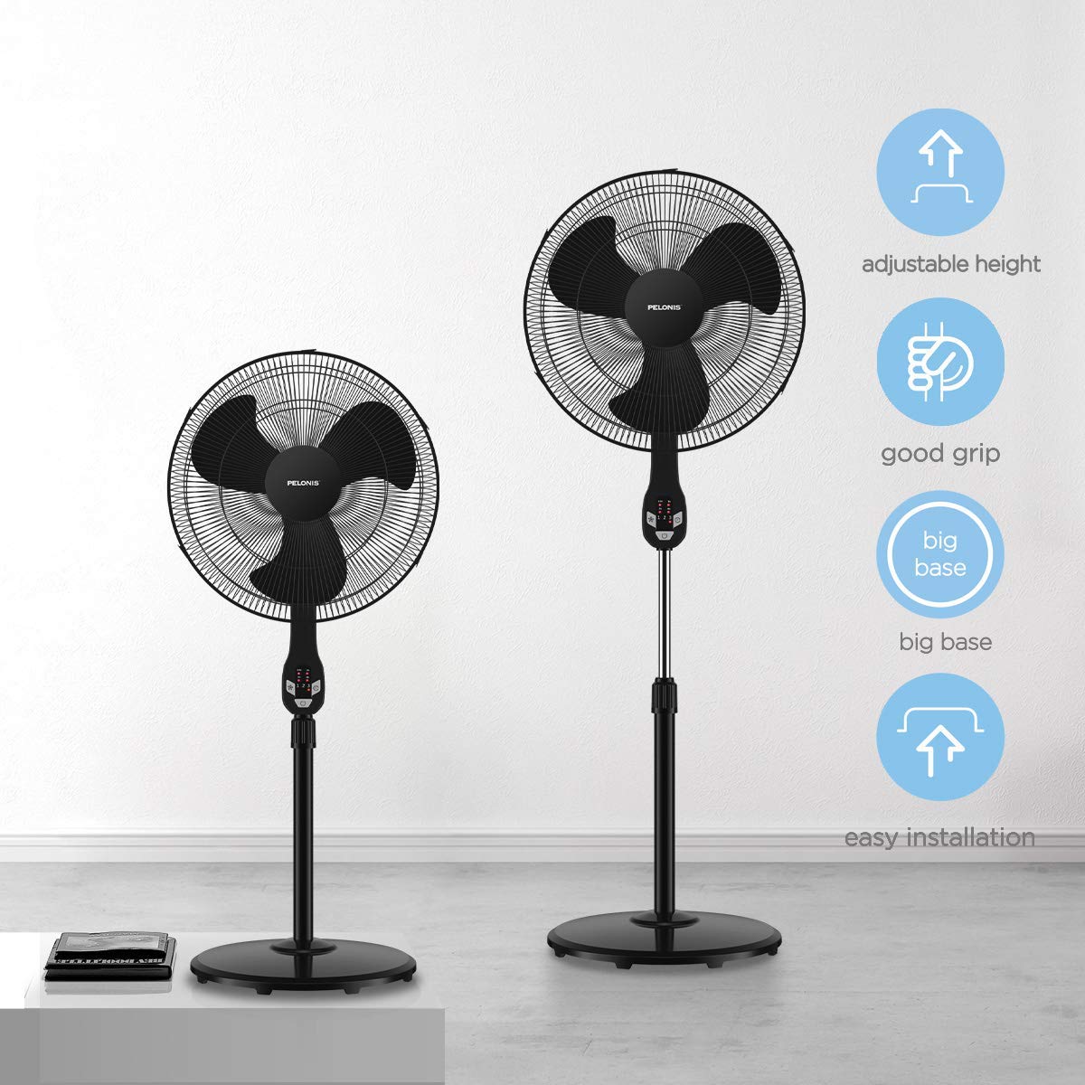 PELONIS 18" 3Speed Oscillating Pedestal Fan with LED Display, Black