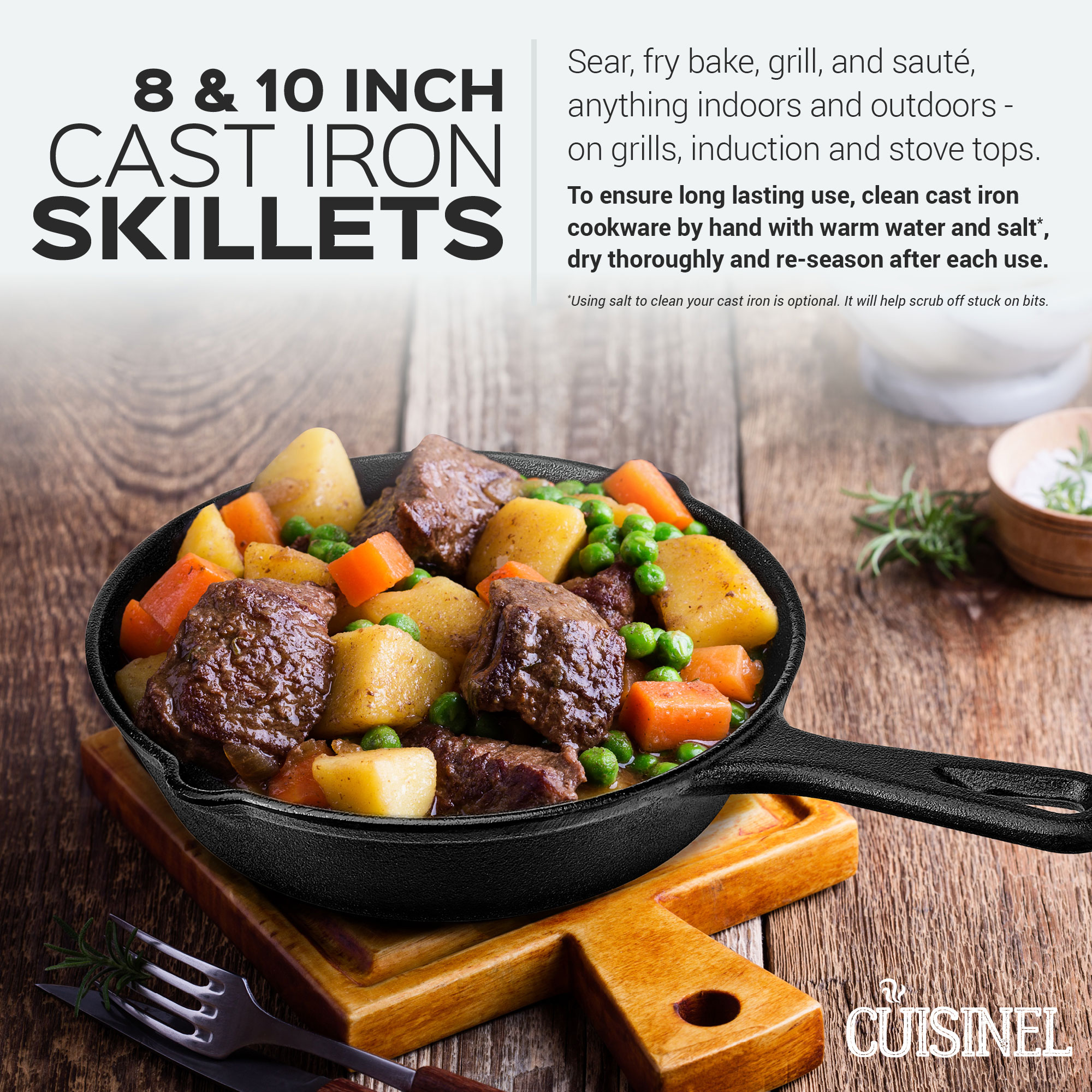 Cuisinel 8 & 10 Inch Pre Seasoned Cast Iron Skillet Cookware Set w\/ Handle Cover 724190322291  eBay