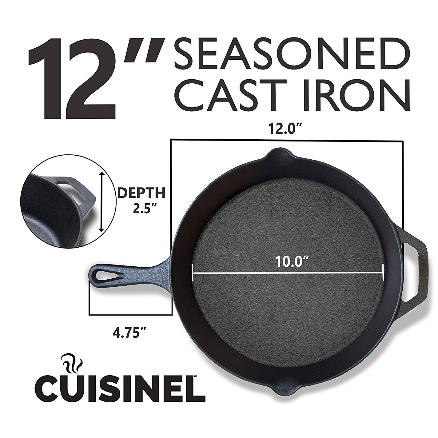 Cuisinel 8 & 12 Inch Pre Seasoned Cast Iron Skillet Cookware Set w