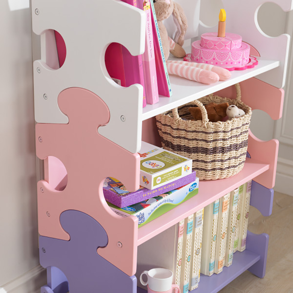 KidKraft Cute Wooden 3 Shelf Kids Puzzle Piece Bookcase, Pink & Purple