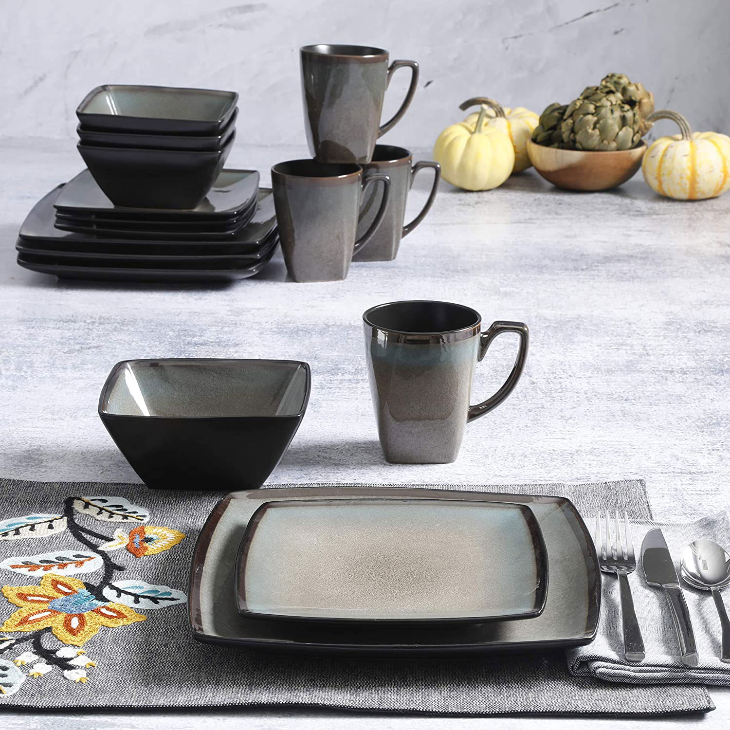 Gibson Elite 16 Piece Glazed Square Dinnerware Set with Plates, Bowls