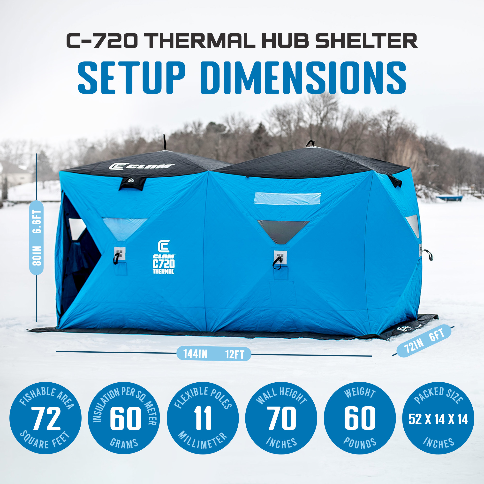 Portable 6 x 12 Ft C-720 Pop Up Ice Fishing Thermal Hub Shelter