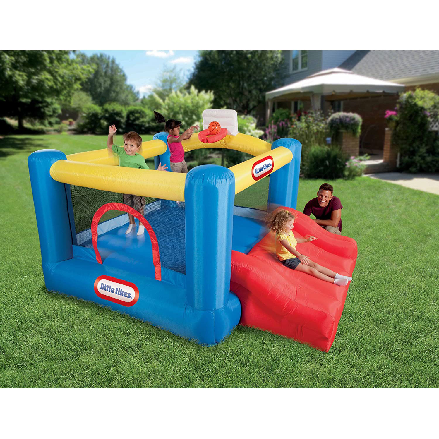 little tikes bounce house with slide and basketball hoop