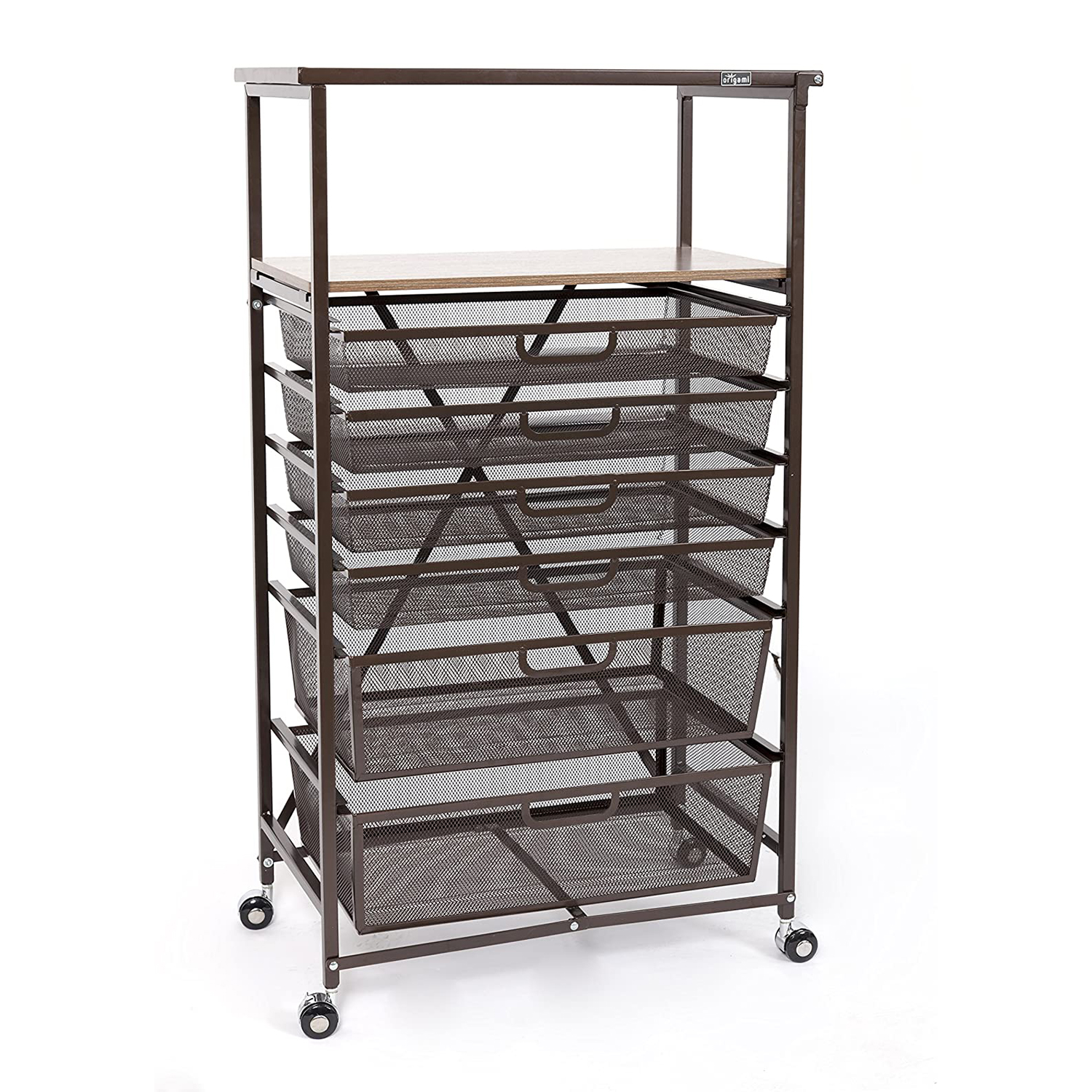 Origami Folding Storage Shelf Rolling Cart with Mesh Drawers, Bronze