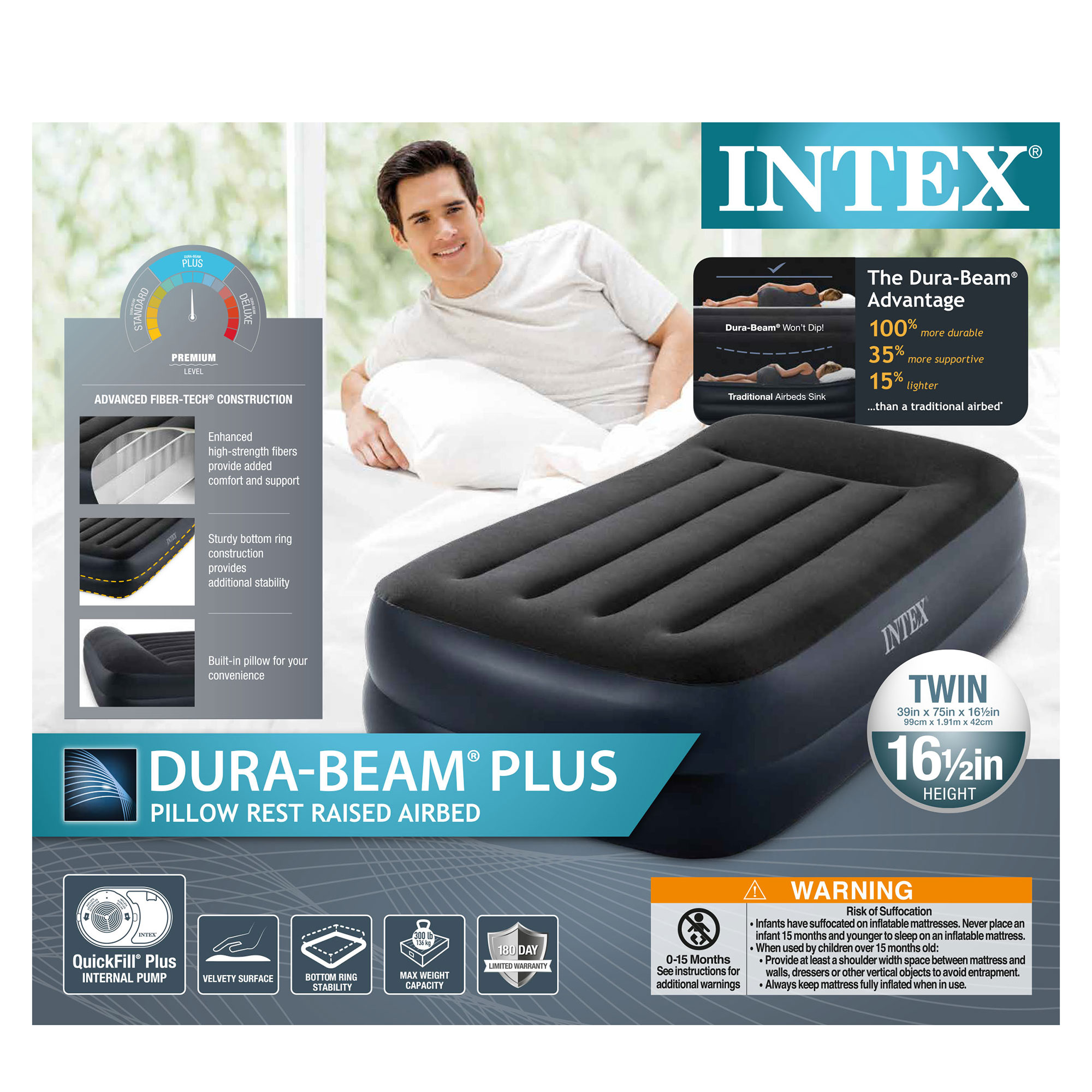 Intex Dura Beam Plus Pillow Raised Airbed Mattress with Built in Pump