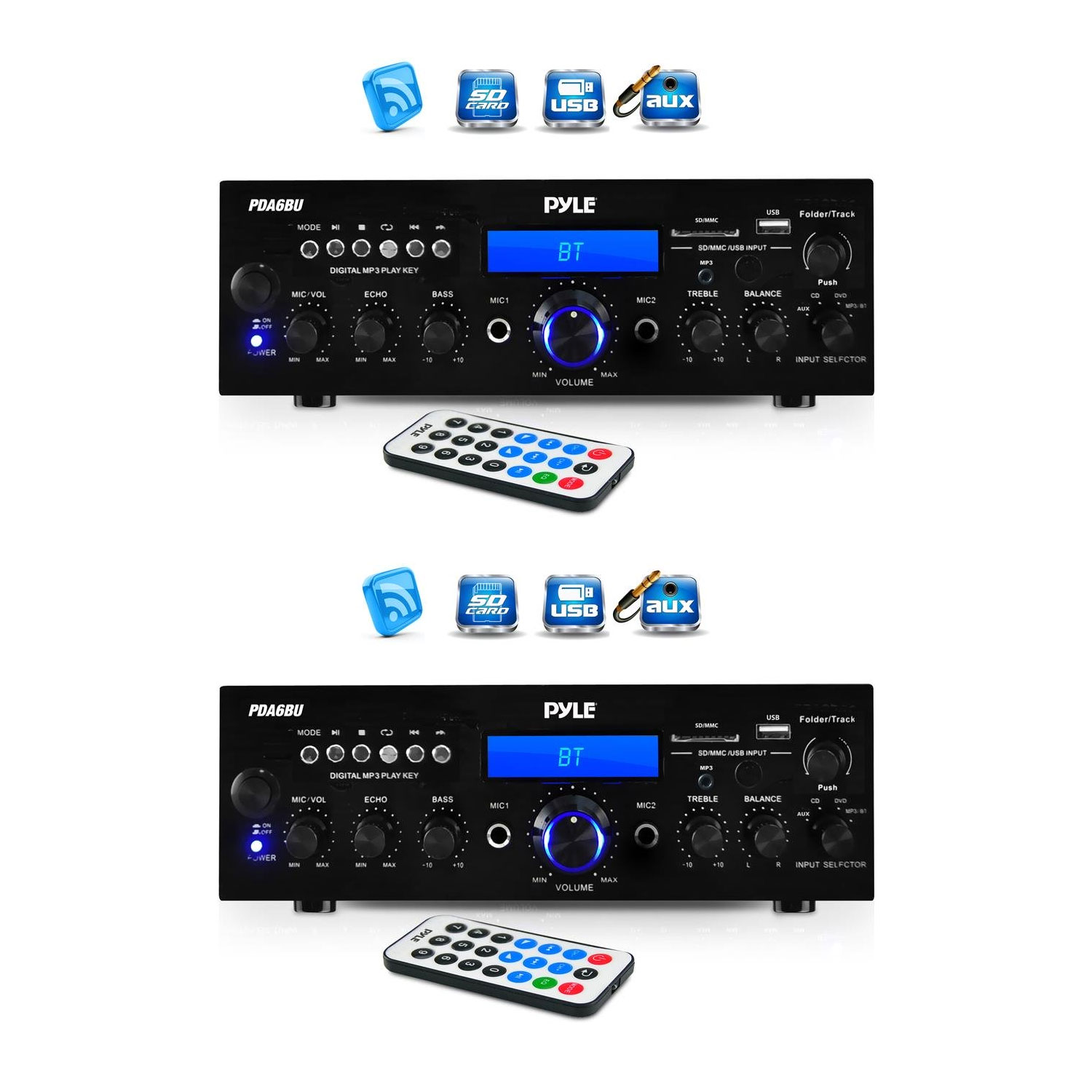 Pyle 200 Watt Bluetooth LCD Home Stereo Amplifier With Remote (2 Pack ...