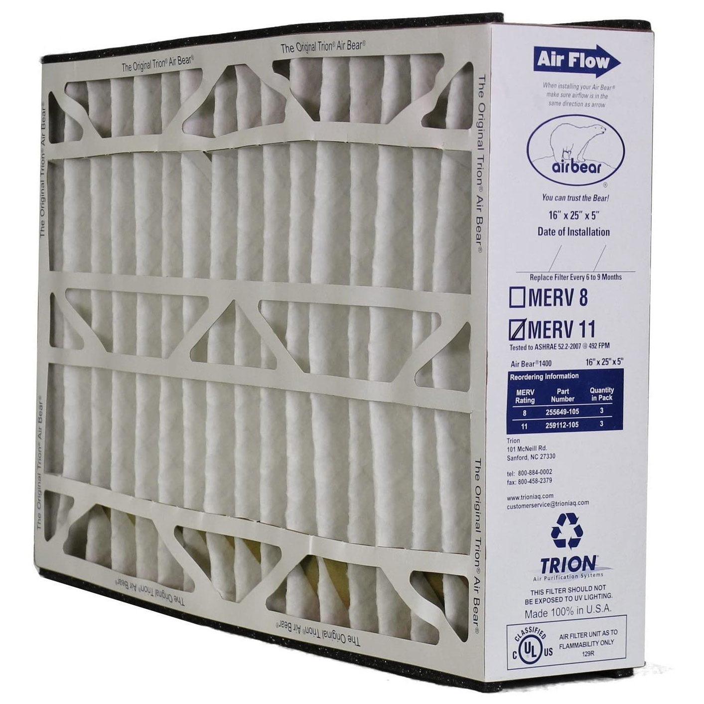 Trion Air Bear 16 x 25 x 5 Inch MERV 11 Air Purifier Filter (3 Pack