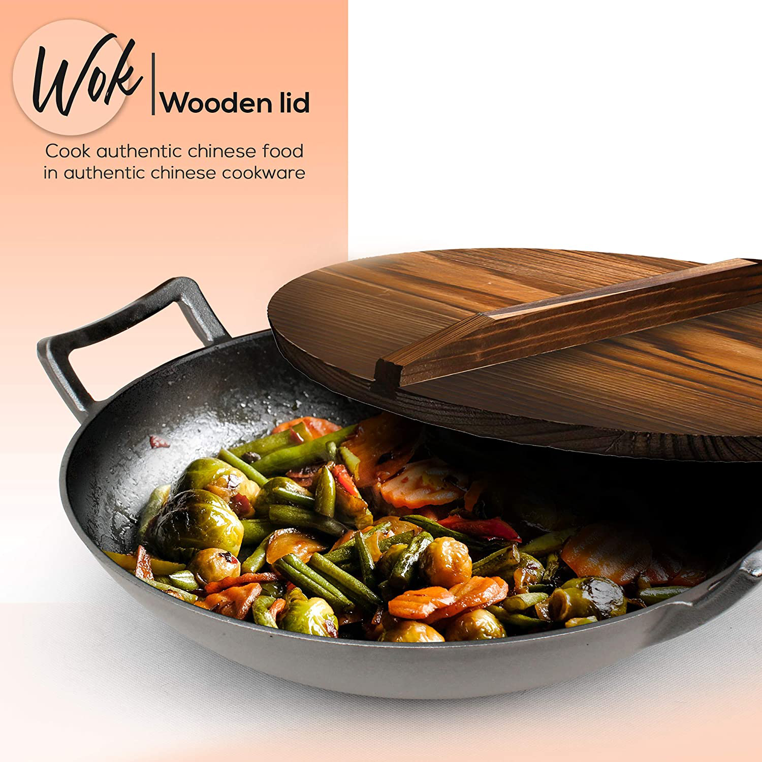 NutriChef Pre Seasoned Cooking Wok Cast Iron Stir Fry Pan with Wooden
