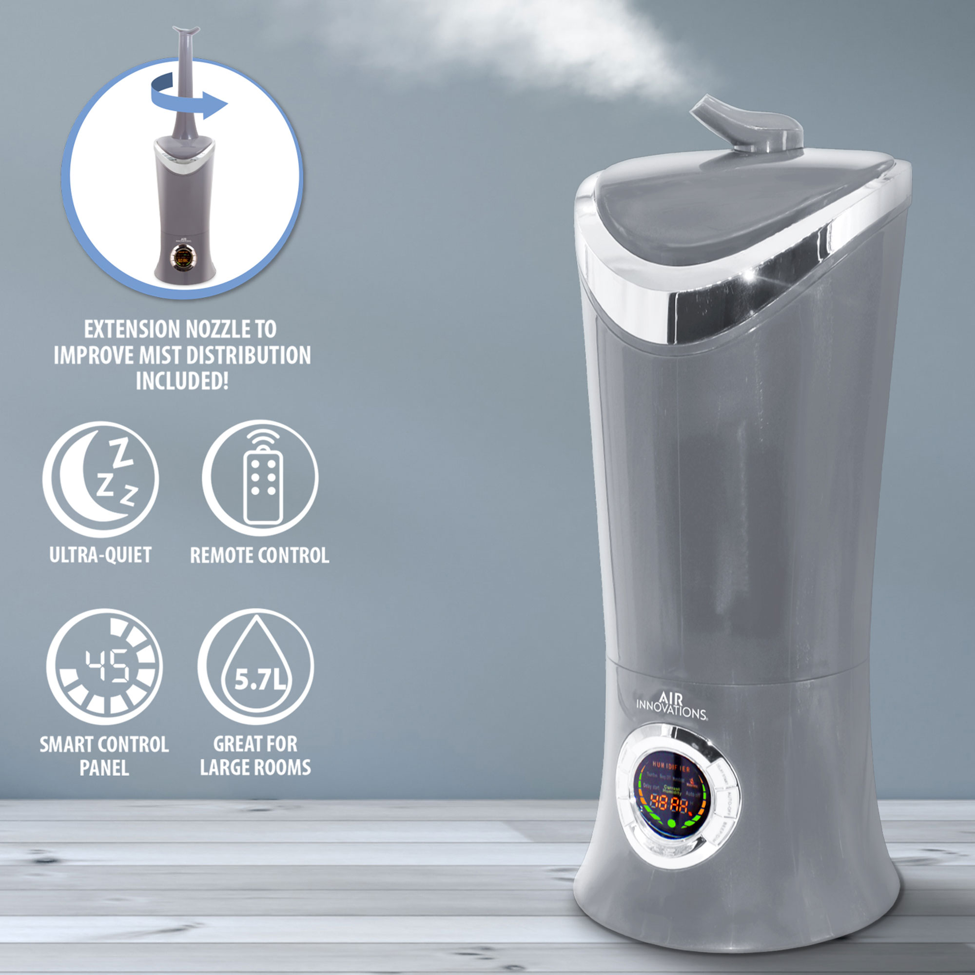 Air Innovations MH-701BA Ultrasonic Cool Mist Humidifier, Platinum