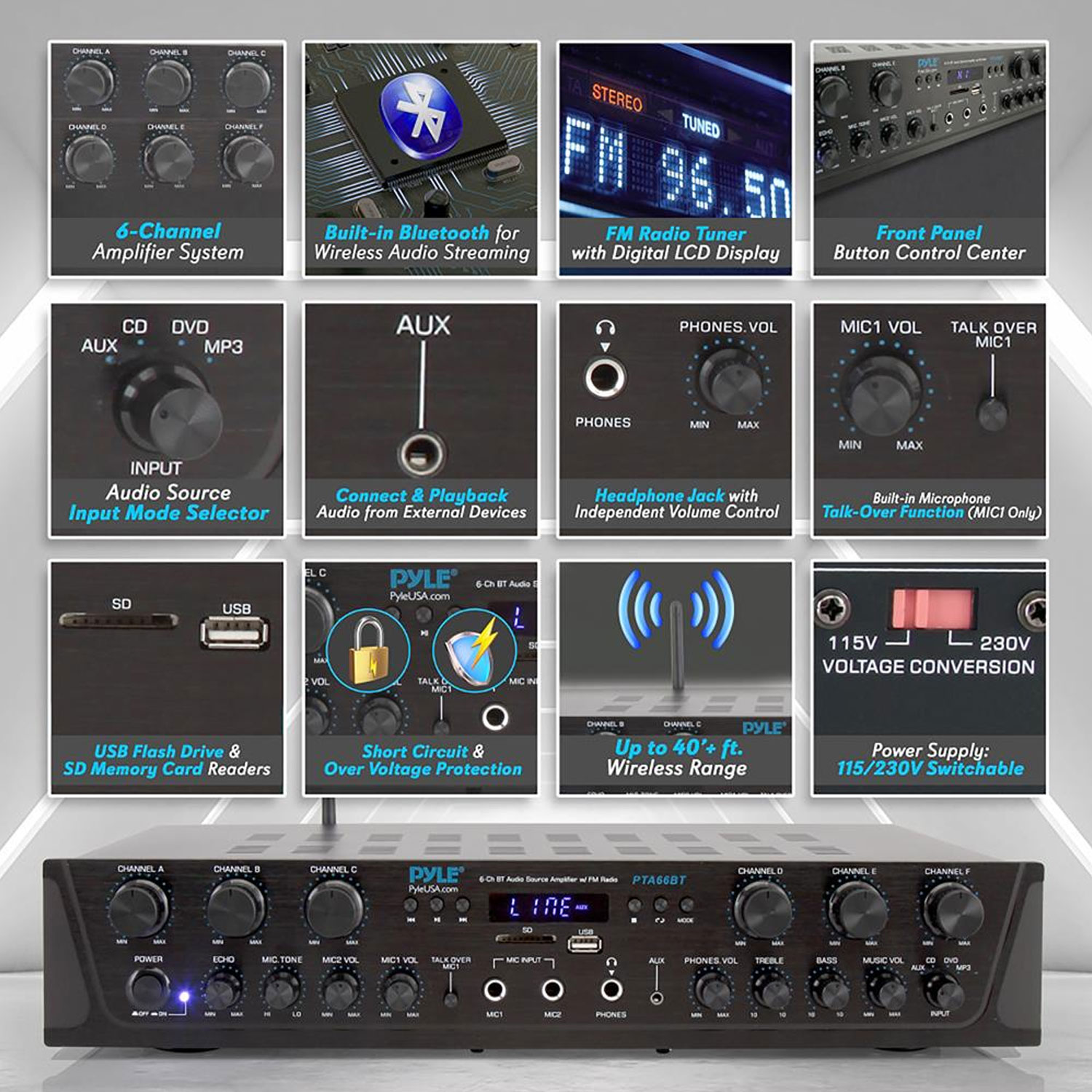Pyle PTA66BT Bluetooth Home Audio 600 Watt 6 Channel Amplifier Stereo