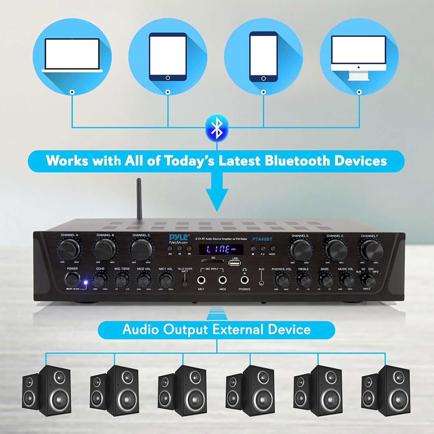 Pyle PTA66BT Bluetooth Home Audio 600 Watt 6 Channel Amplifier Stereo ...