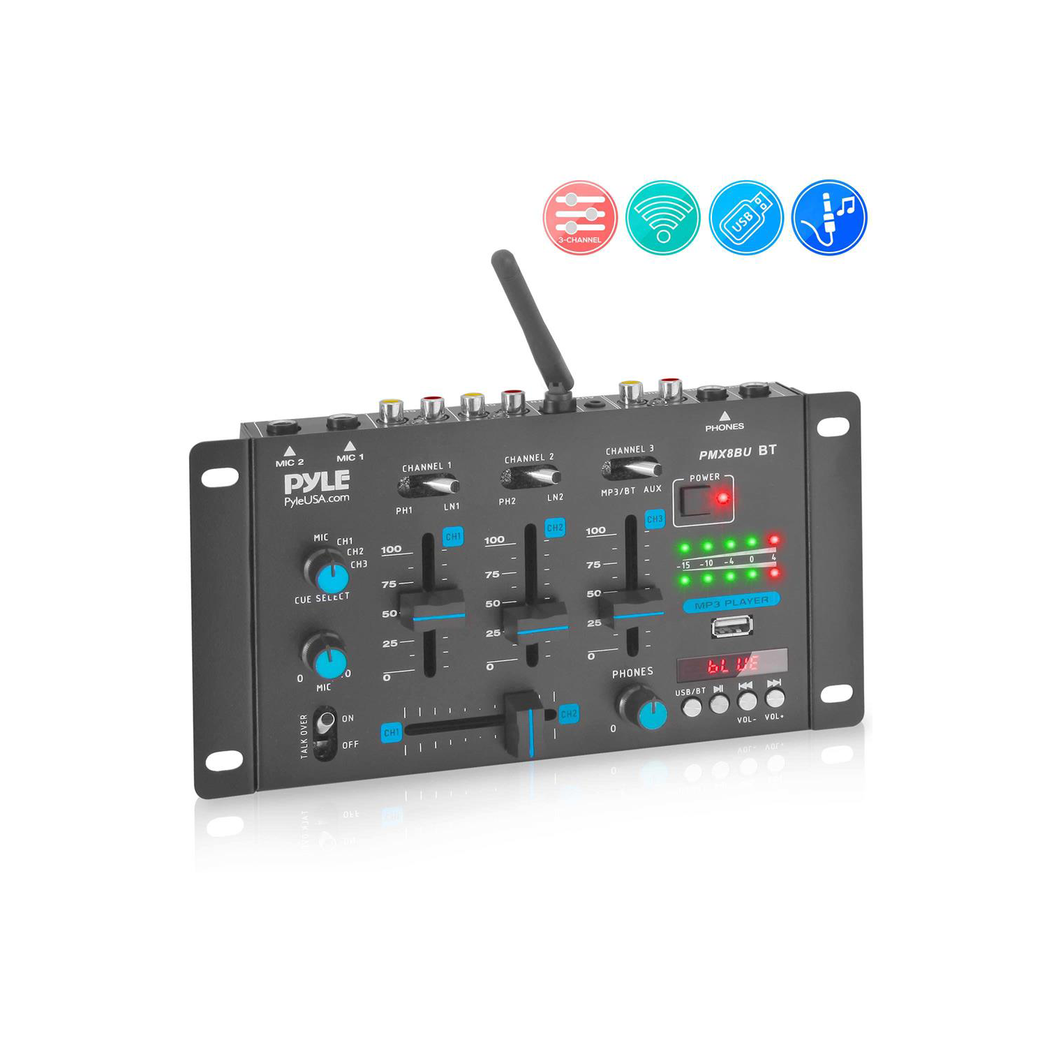Pyle PMX8BU 3 Channel Bluetooth DJ Sound Board Mixer System with Mic Talkover 842893119397 eBay