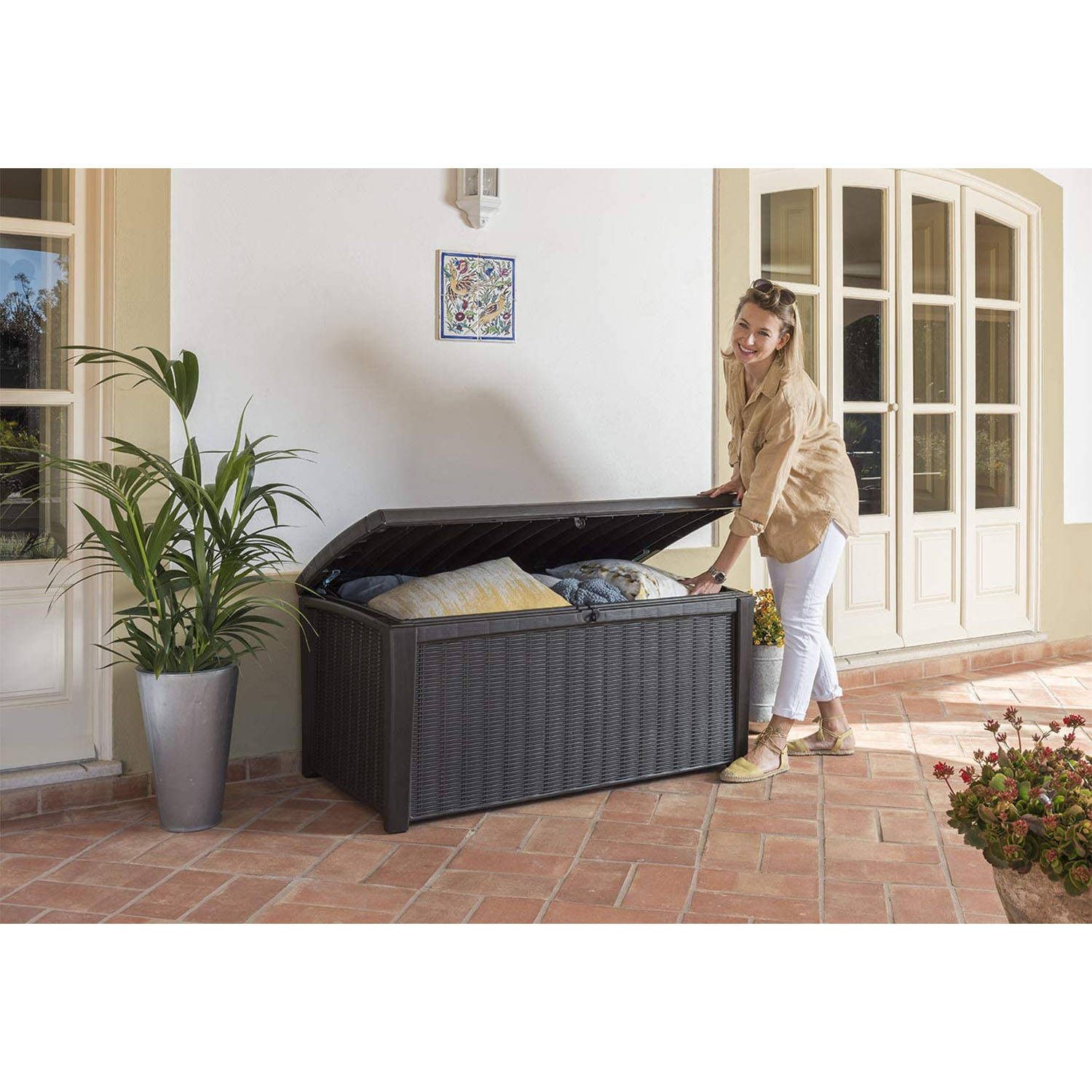 Keter Borneo Outdoor Deck Storage Box Bin for Patio Furniture, 110