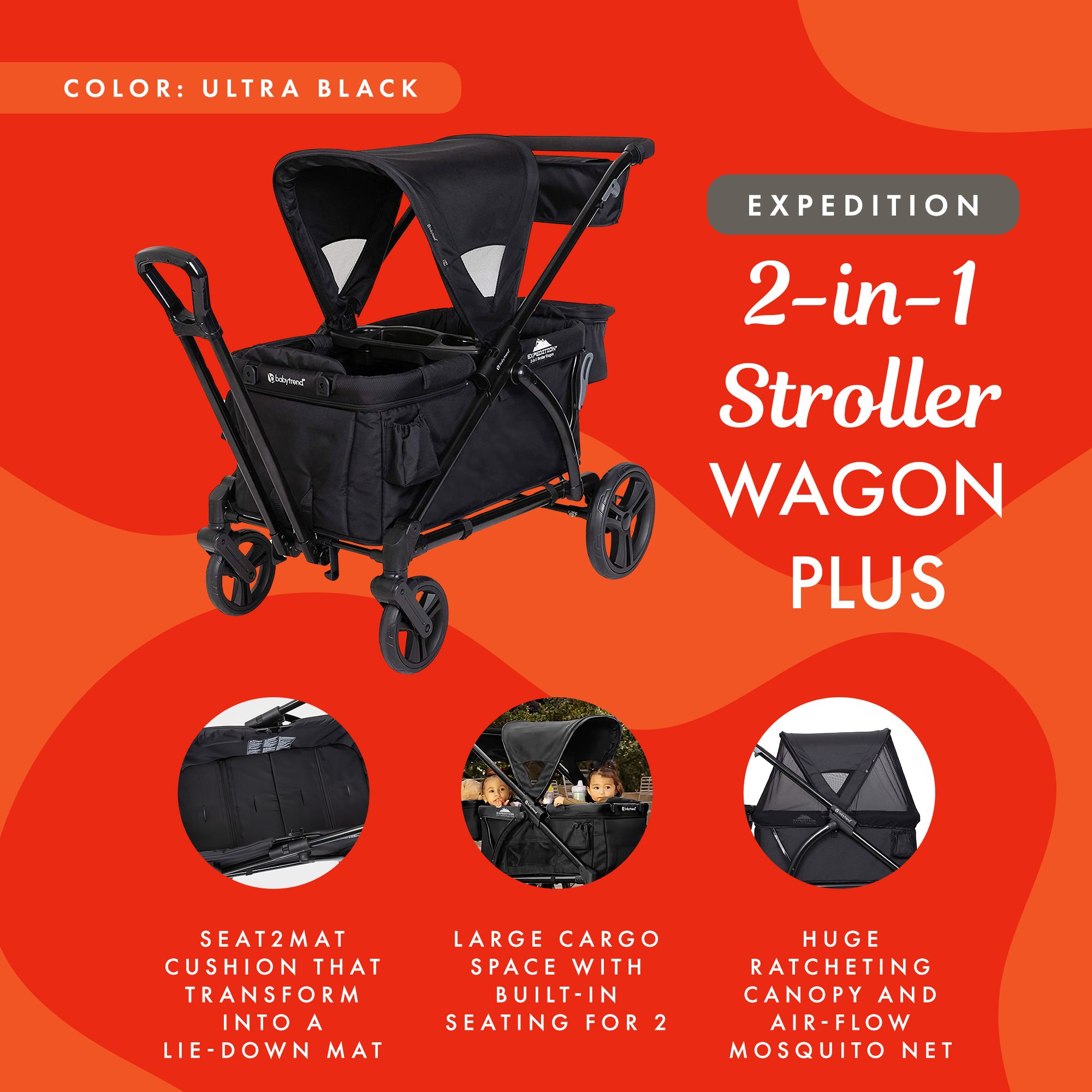 Baby Trend Expedition 2 in 1 Push or Pull Stroller Wagon Plus w/ Canopy,  Black | eBay