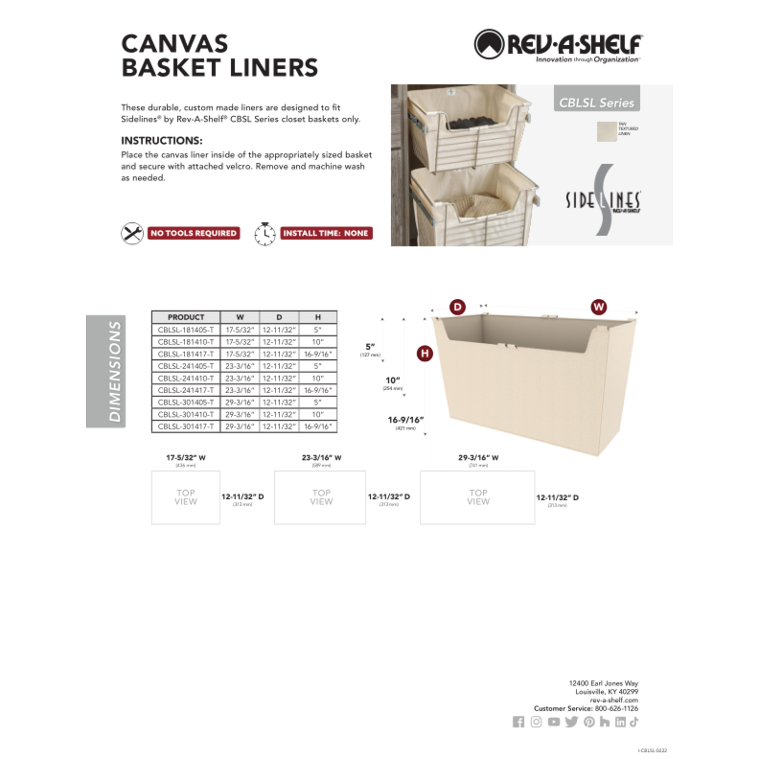 Rev-A-Shelf Sidelines 18" Canvas Cloth Closet Basket Liner, Tan, CBLSL-181405-T1 - Bild 8 von 8