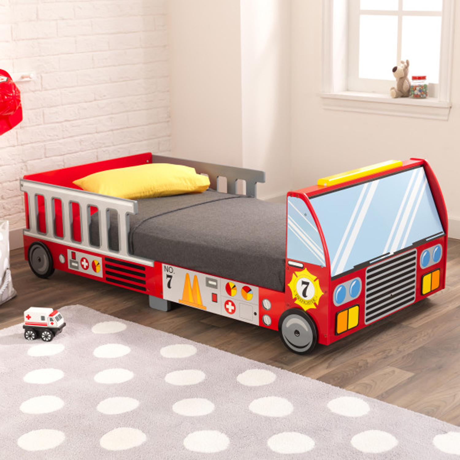 KidKraft Wooden Fire Truck Baby, Toddler Transition Bed and Cot, Red