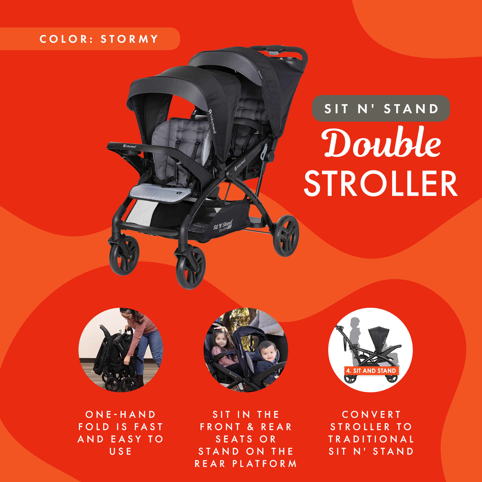 Baby Trend Sit N' Stand Double Stroller 2.0 DLX w/5 Point Safety Harness,  Stormy | eBay