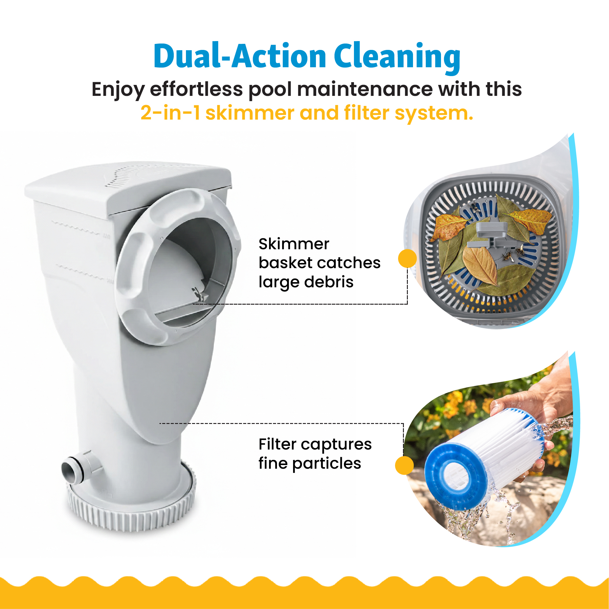 Funsicle SkimmerPlus 1500 GPH 2-in-1 Filter Pump & Skimmer System – For Above-Ground Pools, With Hose & Clamps