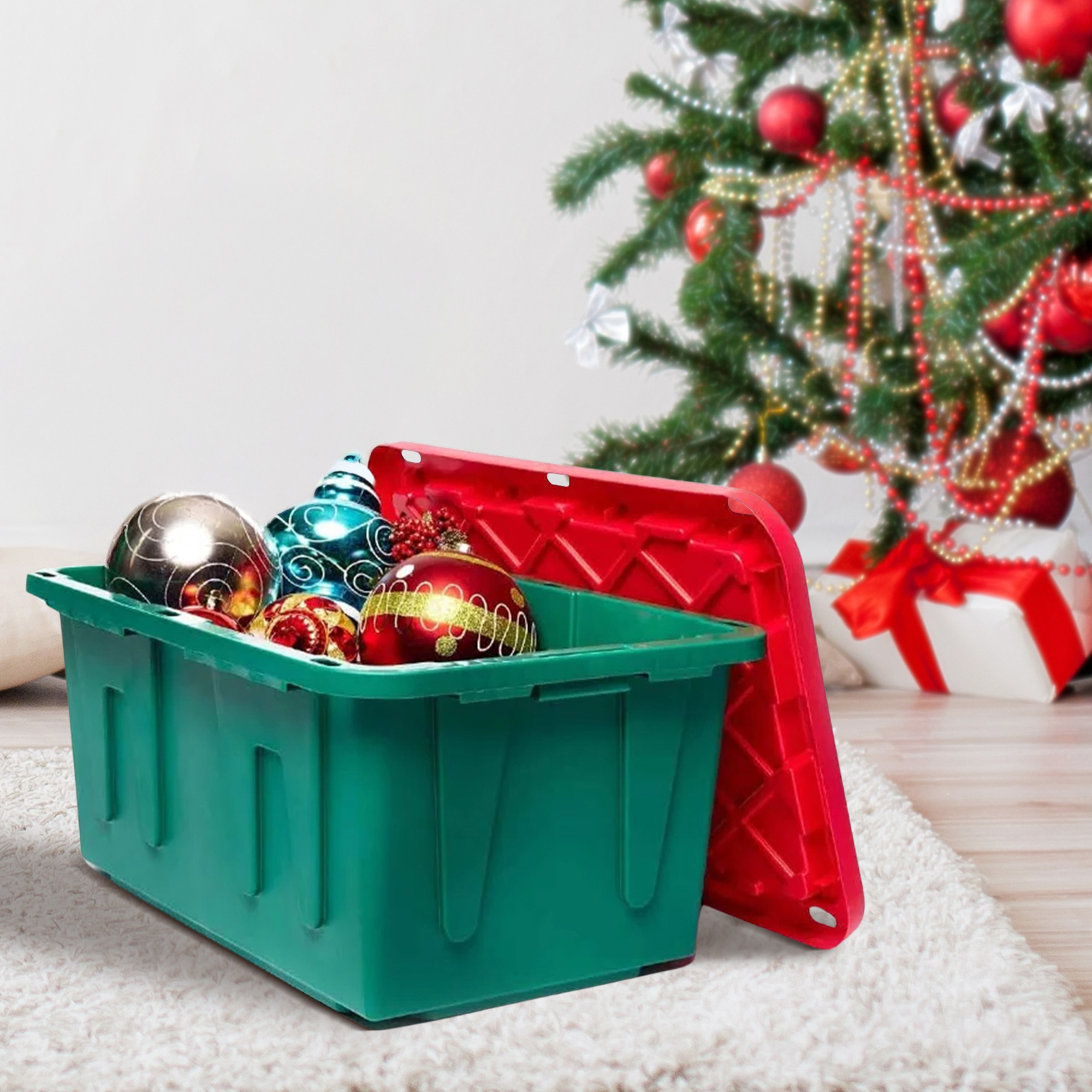 HOMZ Durable 27 Gallon Heavy Duty Holiday Storage Tote, Green/Red