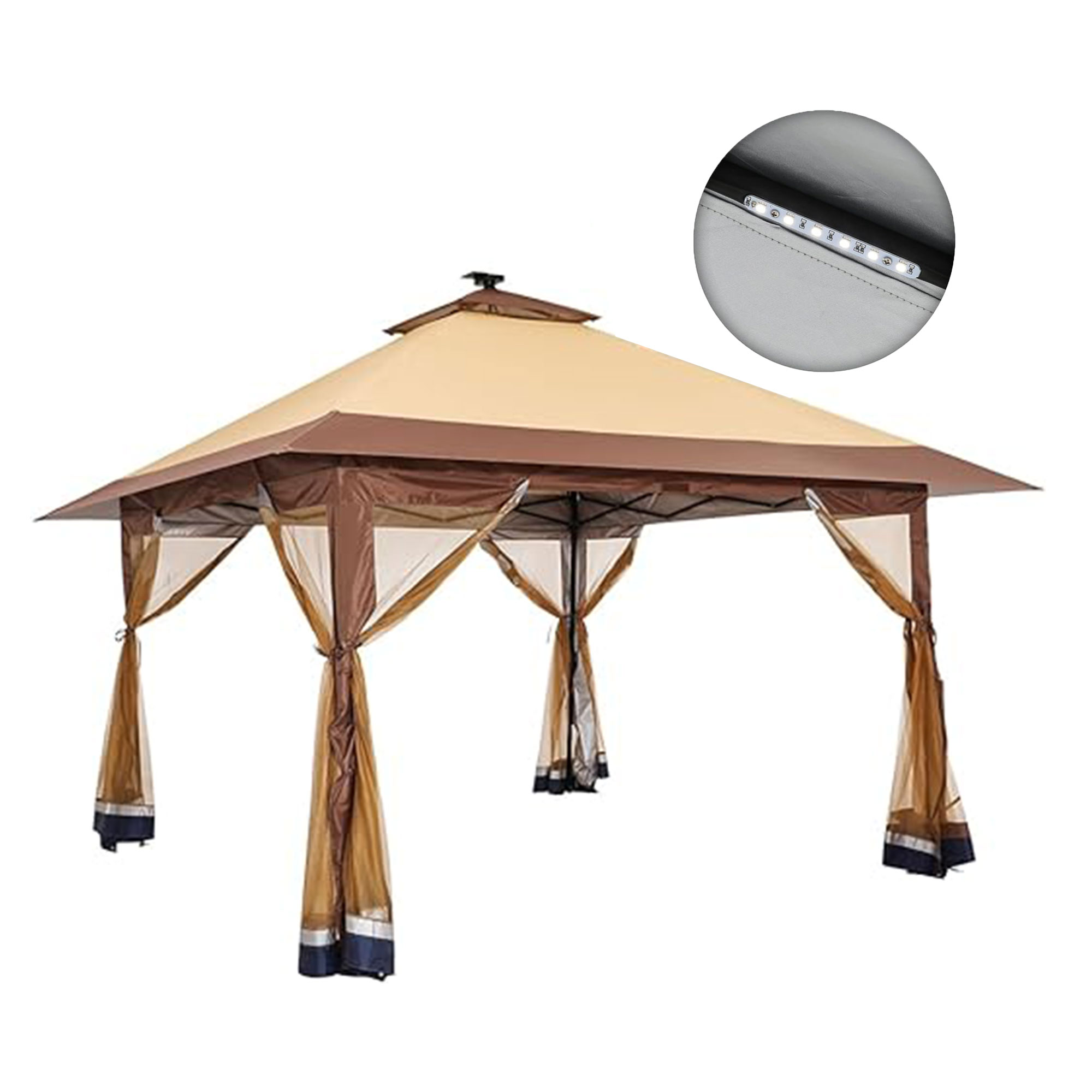 Suntime 12x12 Pop Up Gazebo Solar Light Screen Canopy Cover, Brown