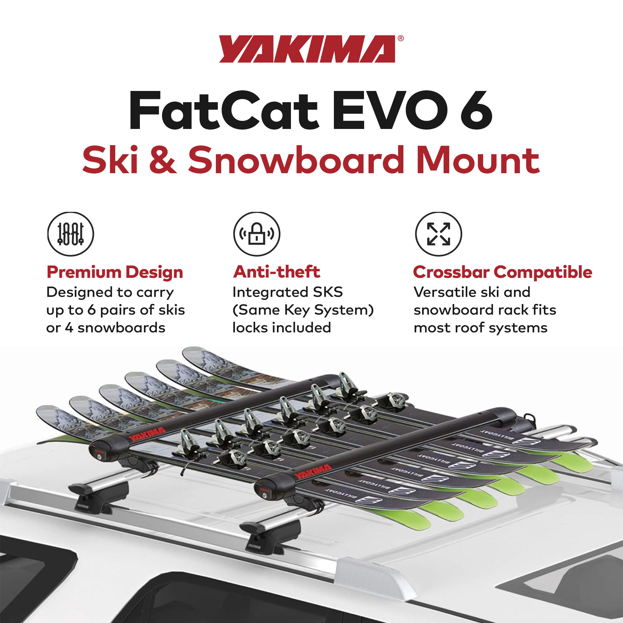 YAKIMA FatCat EVO 6 Skis or 4 Snowboards Mount Roof Rack, Fits T