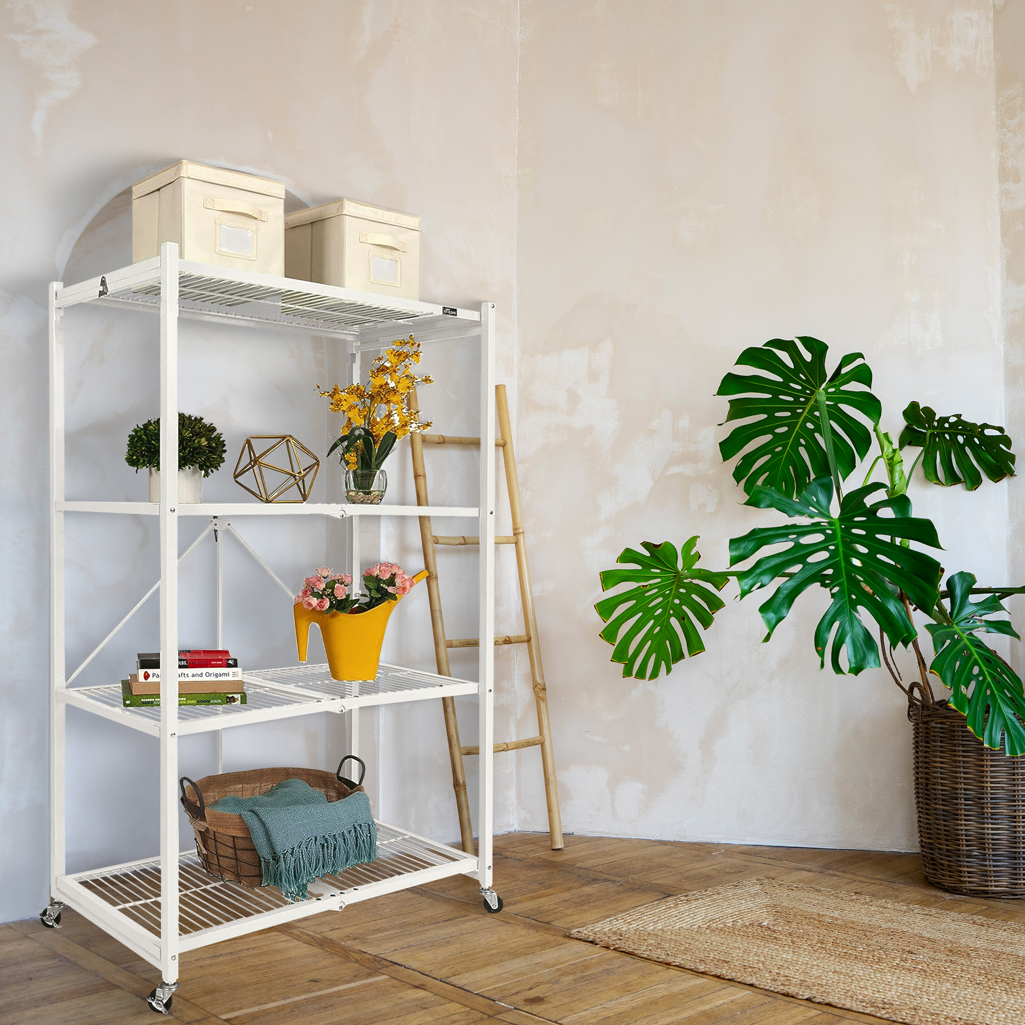 Origami R5 Foldable 4 Tier Storage Rack w/ Wheels, White