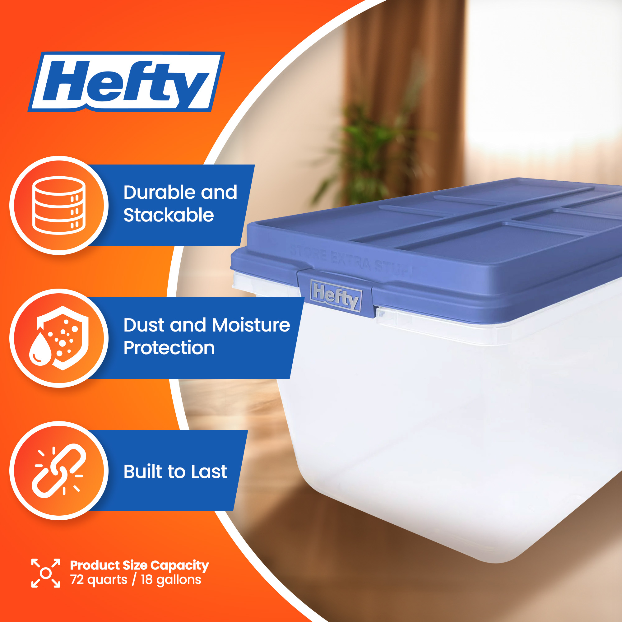 Hefty 72 Qt Hi-Rise Stackable Plastic Storage Container w/Lid, 6