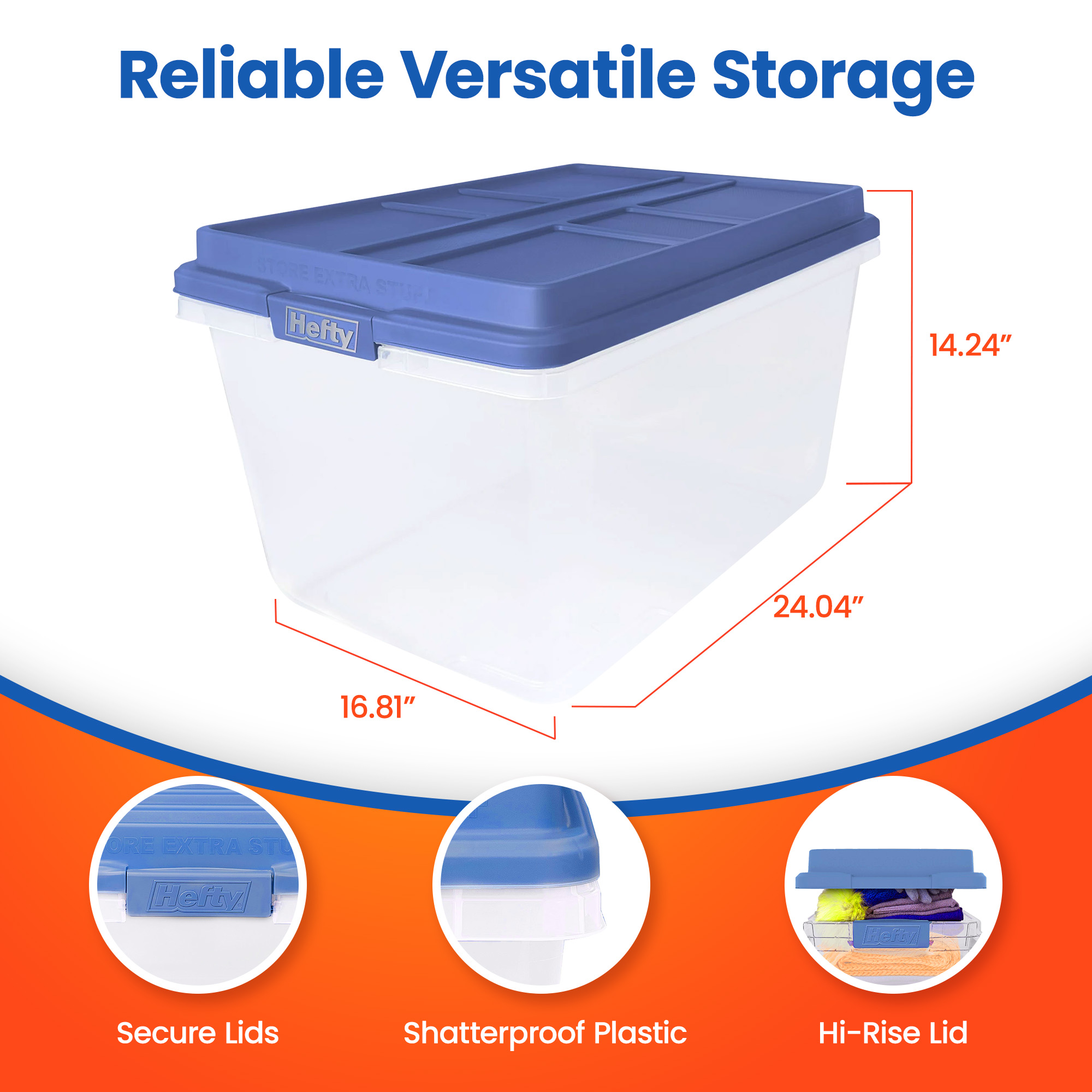 Hefty 72 Qt Hi-Rise Stackable Plastic Storage Container w/Lid, 6