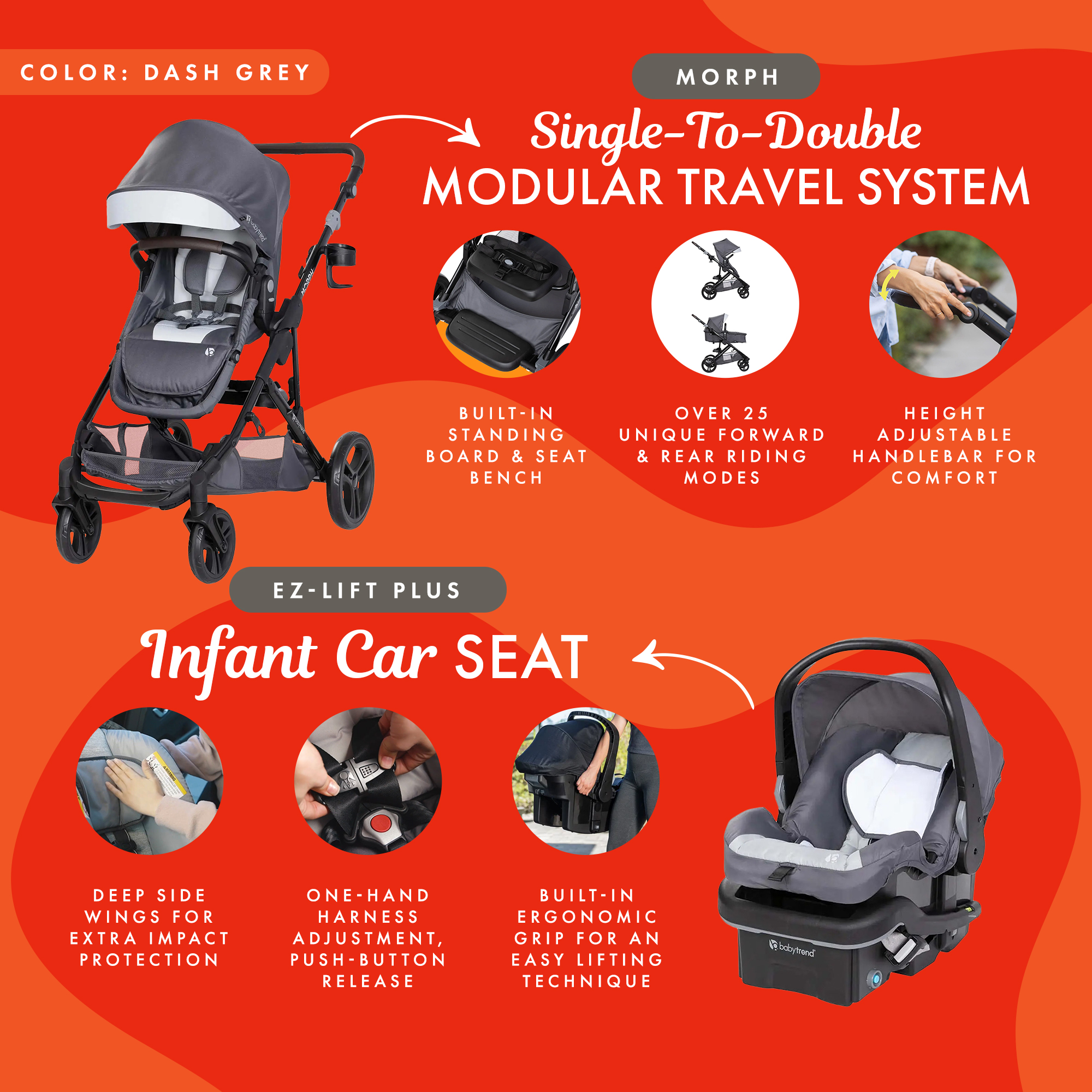 Baby Trend Morph Single to Double Modular System & Car Seat, Dash