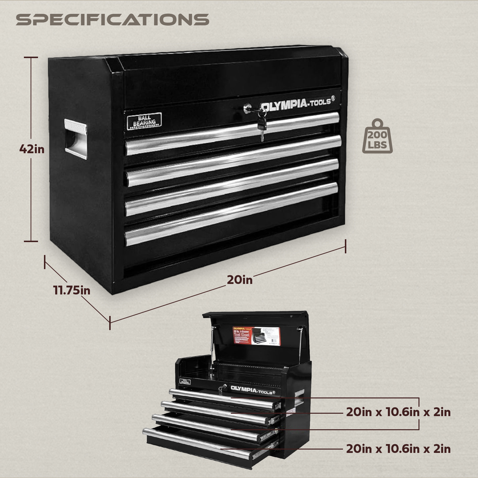 Olympia Tools 26-Inch Portable Tool Chest, 4 Drawers, Locking