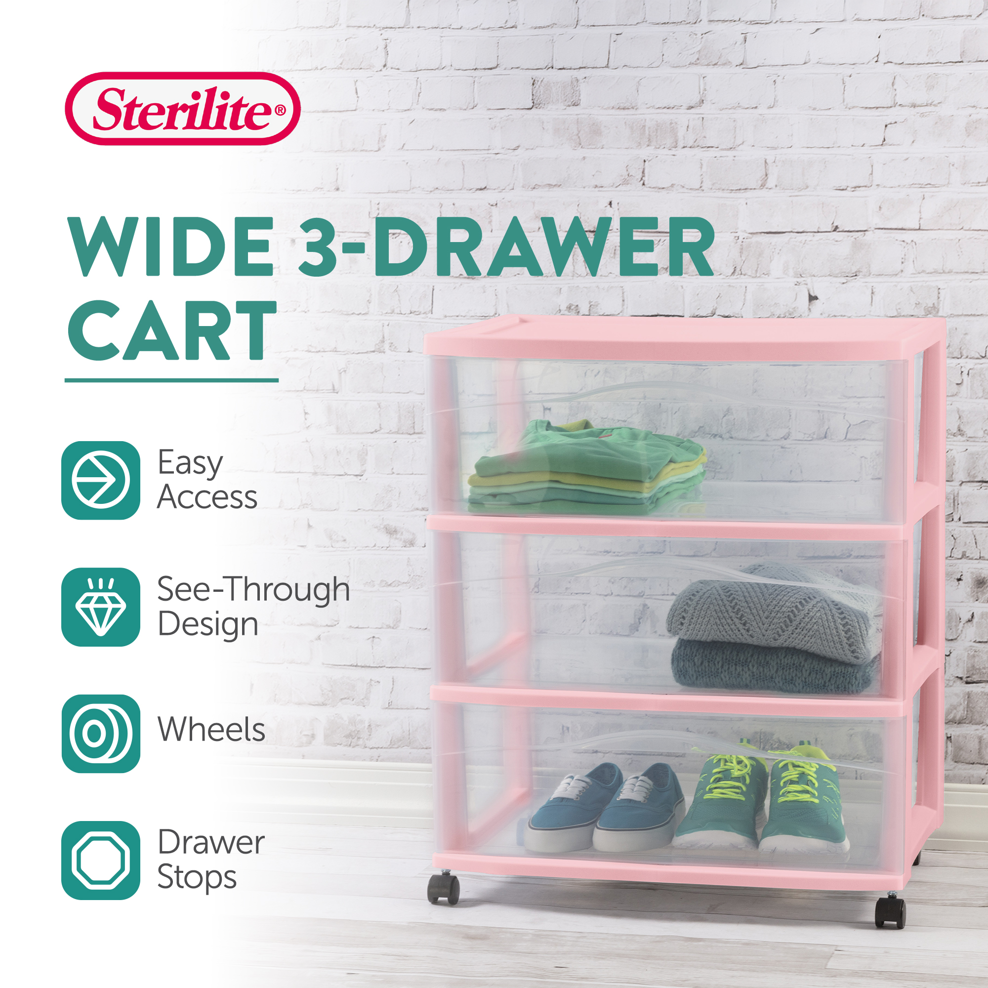 Sterilite Wide 3 Drawer Storage Cart, Plastic Rolling Organization