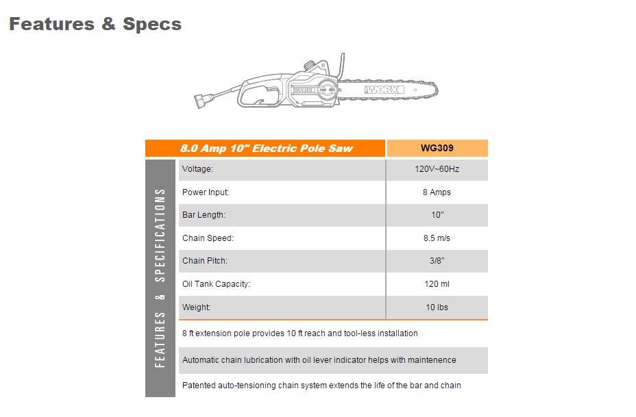 WORX WG309 8.0 Amp Electric Pole Saw, 10Inch Chainsaw and Pole Saw