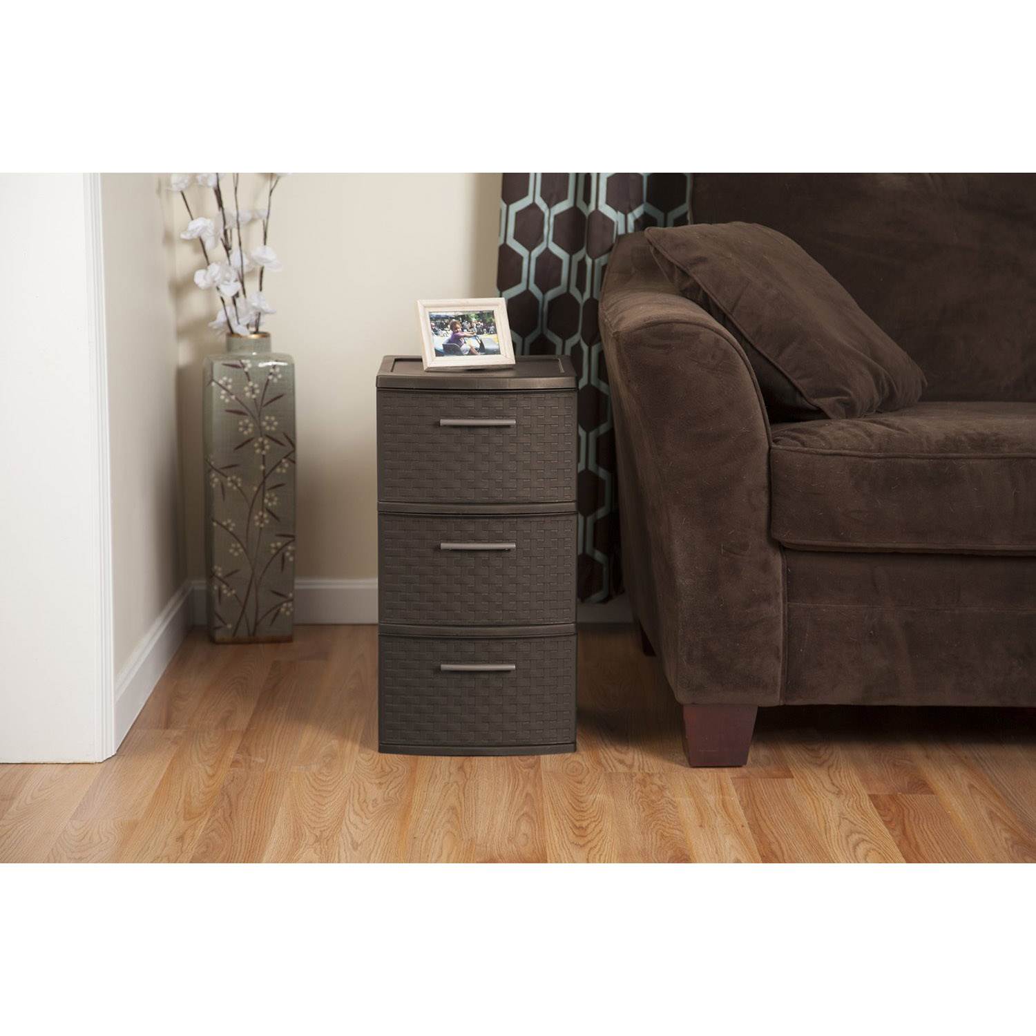 3-Drawer Weave Tower In Espresso Brown - Plastic Storage Organizer With Handles