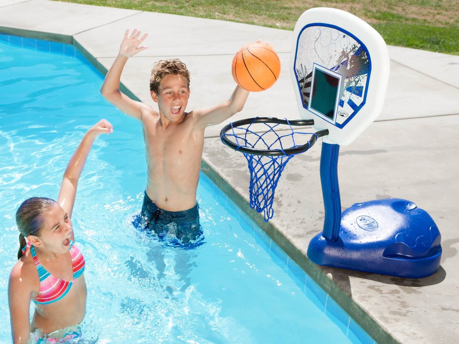 SwimWays Poolside Basketball Hoop with Ball and Volleyball Water Sport