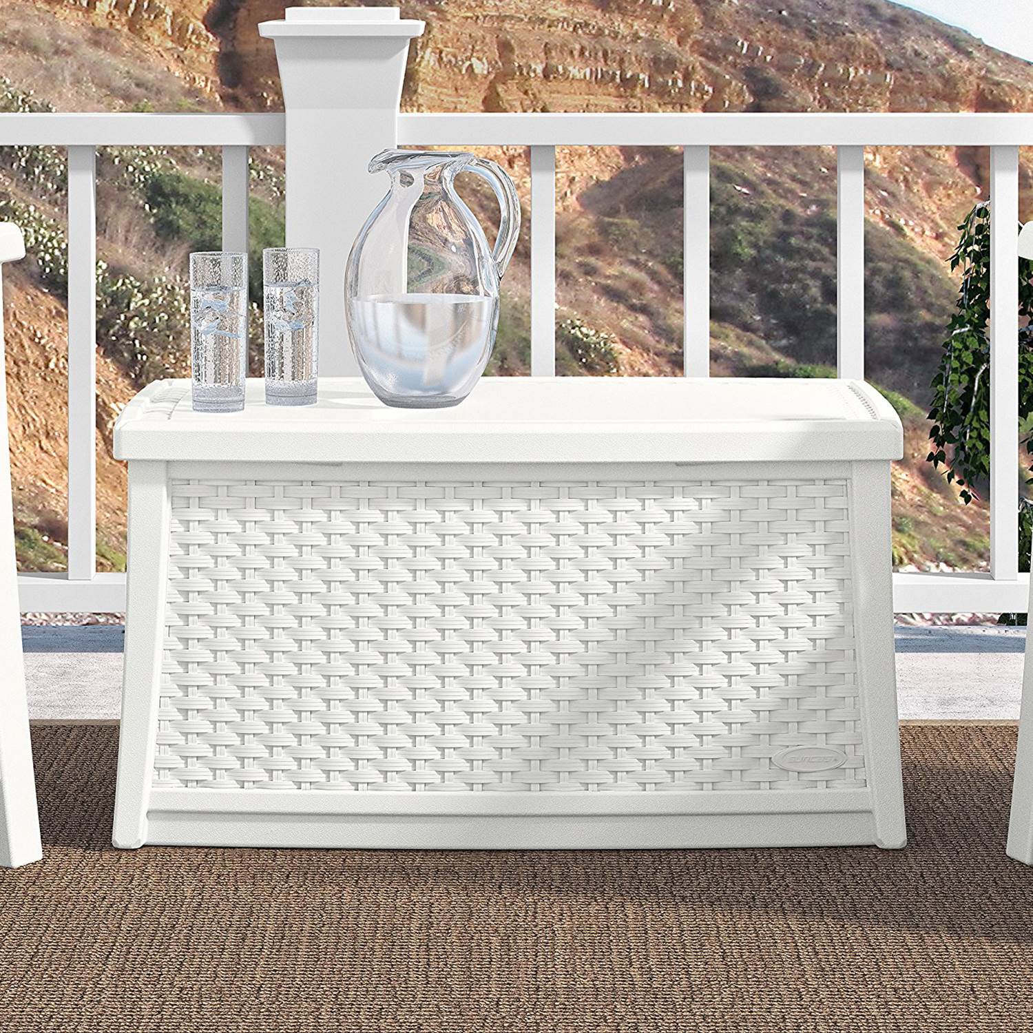 Suncast Elements 30 Gallon Outdoor Wicker Coffee Table, White Open