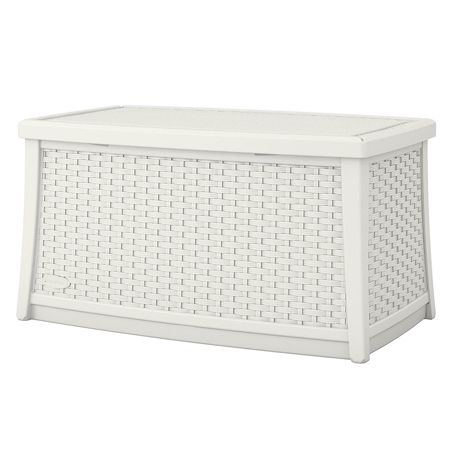 Suncast Elements 30 Gallon Outdoor Wicker Coffee Table, White | Open