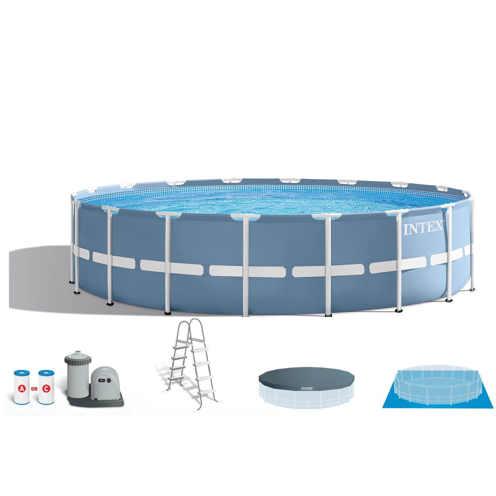 Intex 18ft x 48in Prism Steel Frame Swimming Pool Set w/ Cover, Ladder ...